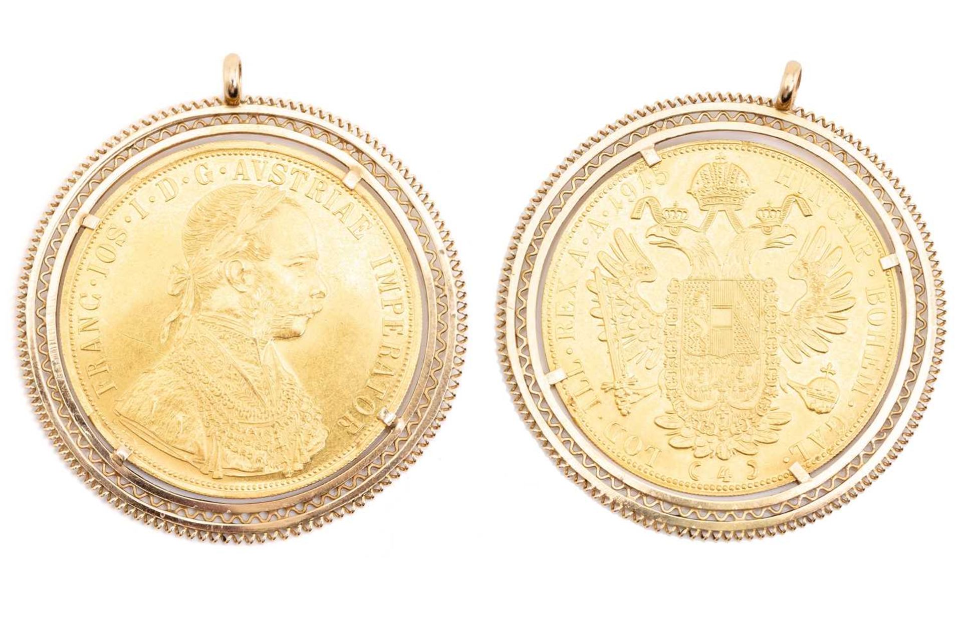 An Austrian four Ducat gold coin, 1915 restrike, in pendant mount with twisted border, to a plain - Image 3 of 3