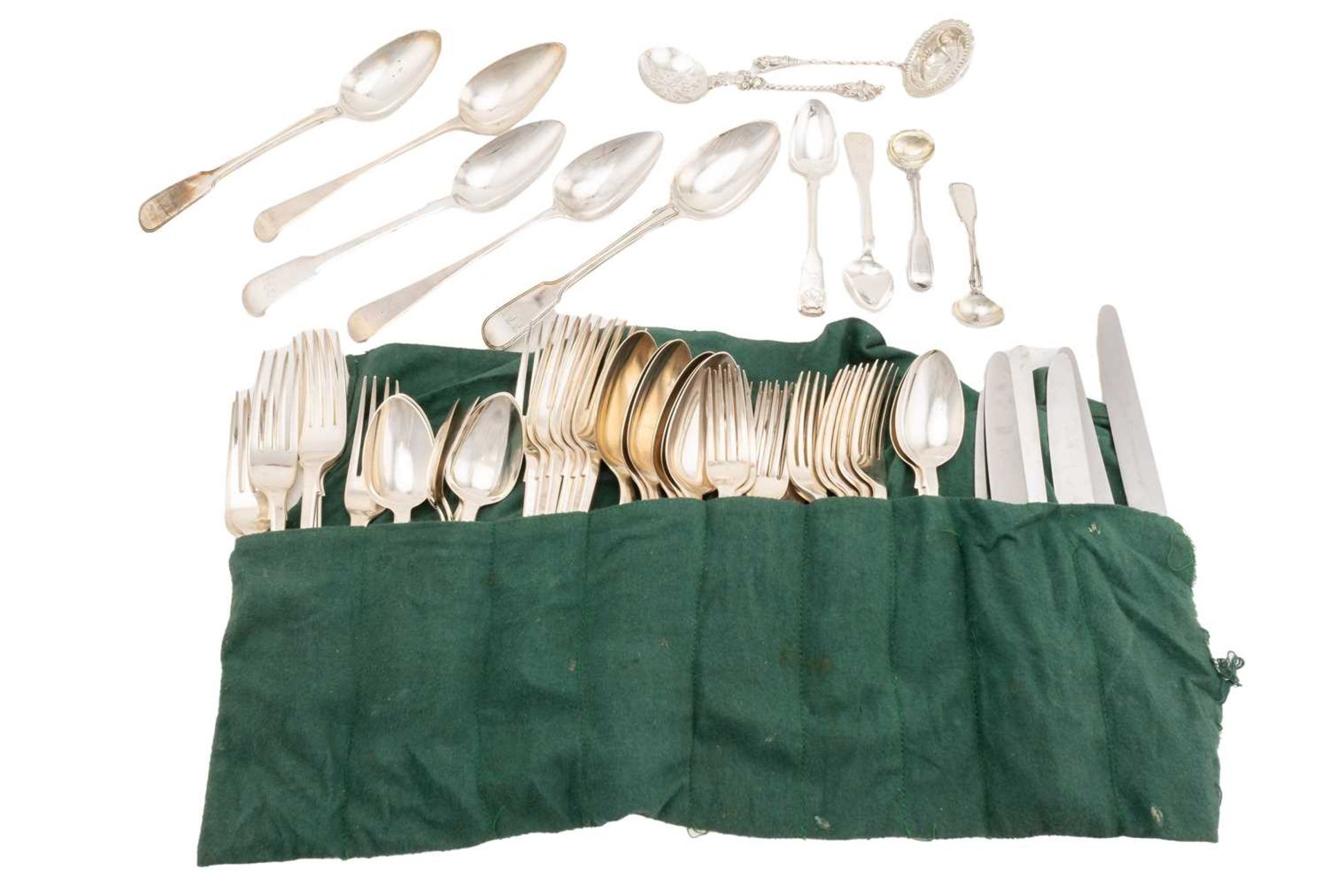 A Victorian part canteen of fiddle and shell flatware, mostly Edinburgh 1857 by James McKay,