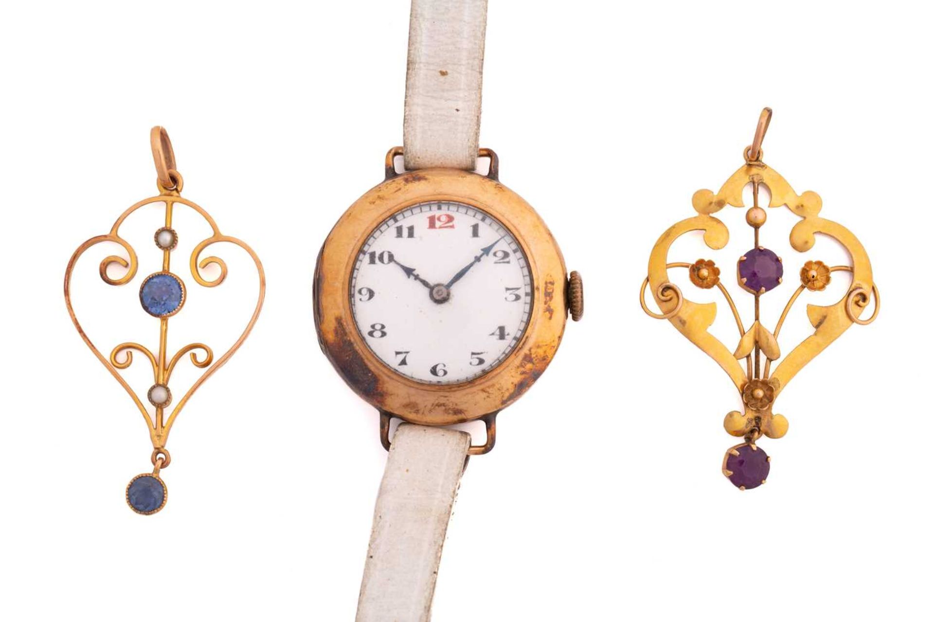 A gold Watch, two Edwardian pendants and a heart necklace, the lot comprising of a 9ct yellow gold - Image 2 of 5