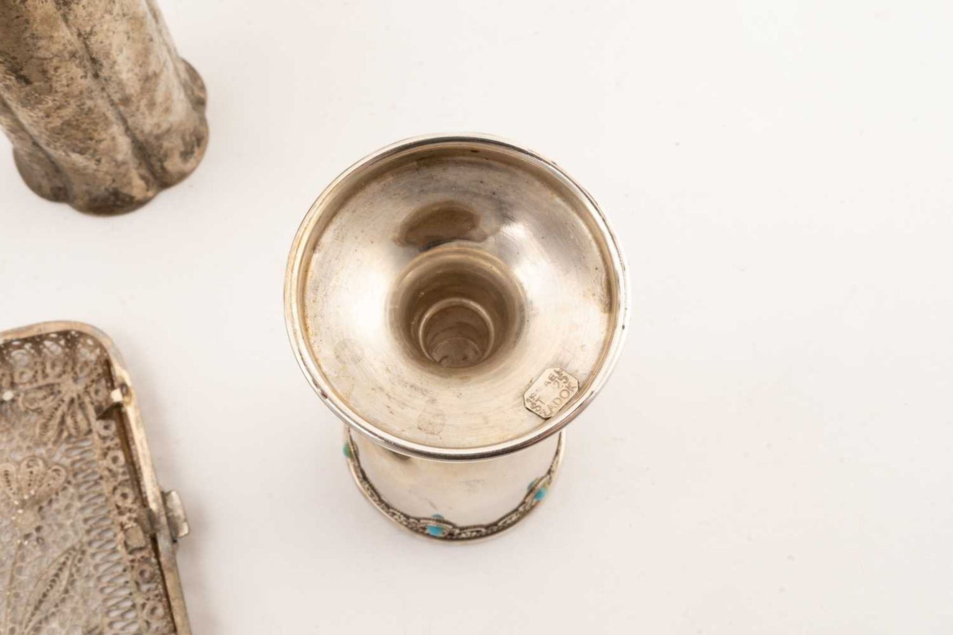 Of Judaica interest; Six turquoise-set kiddish cups, a possibly Russian filigree silver Besamim - Image 5 of 19