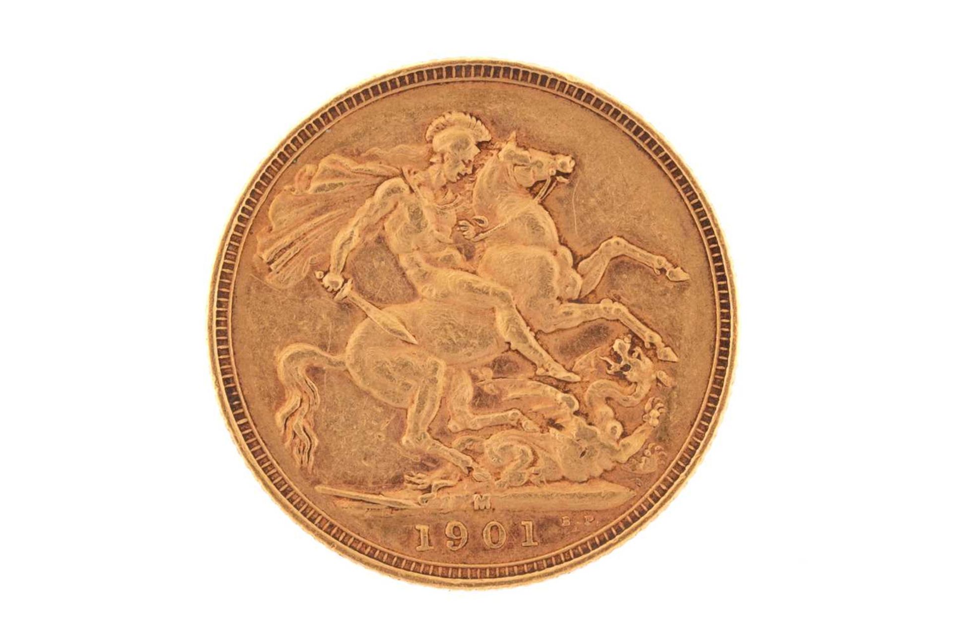 A Queen Victoria full sovereign gold coin, 1901, obverse with veiled head to left.