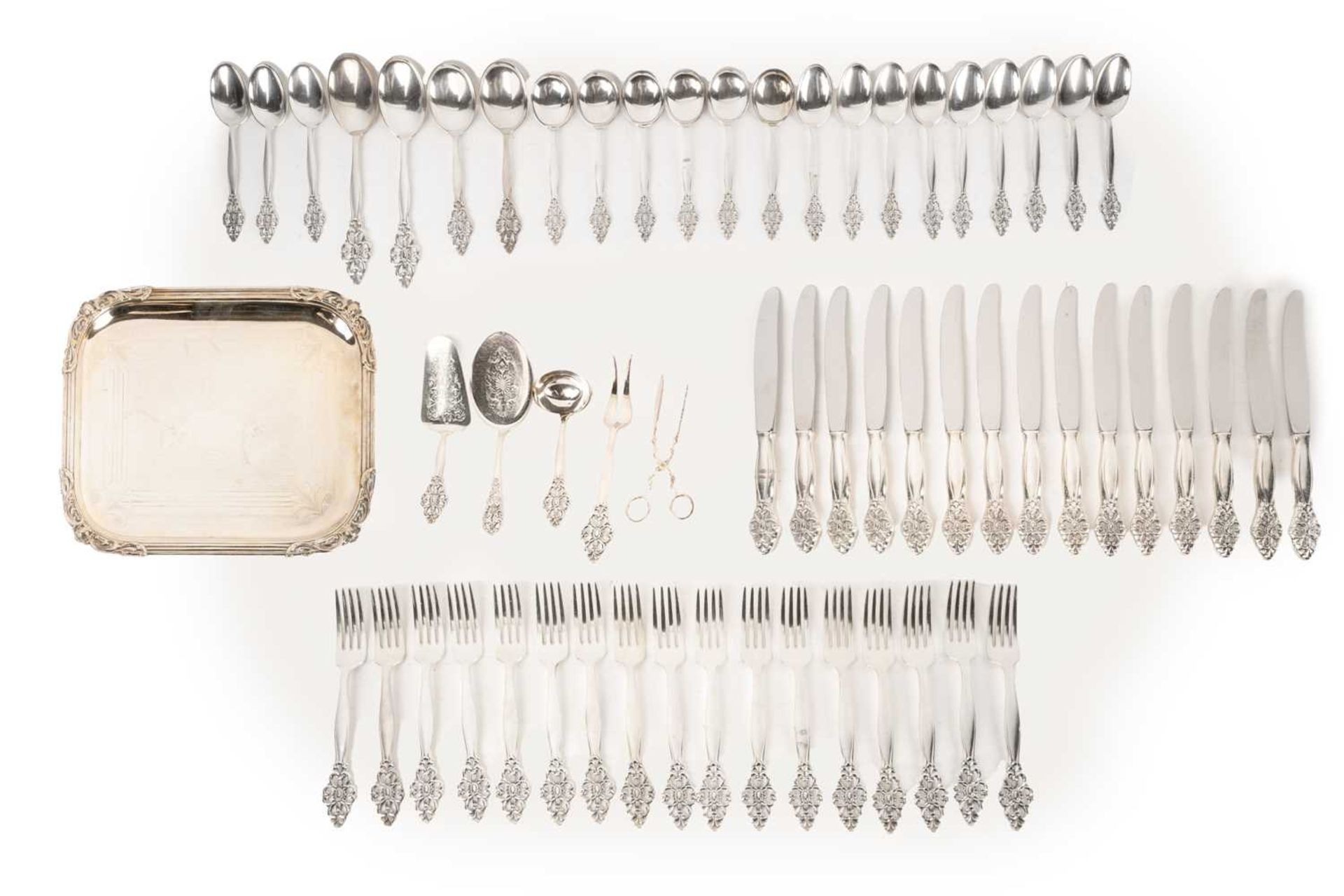 A composite set of Norwegian silver plated flatware; consisting of a rectangular serving platter,