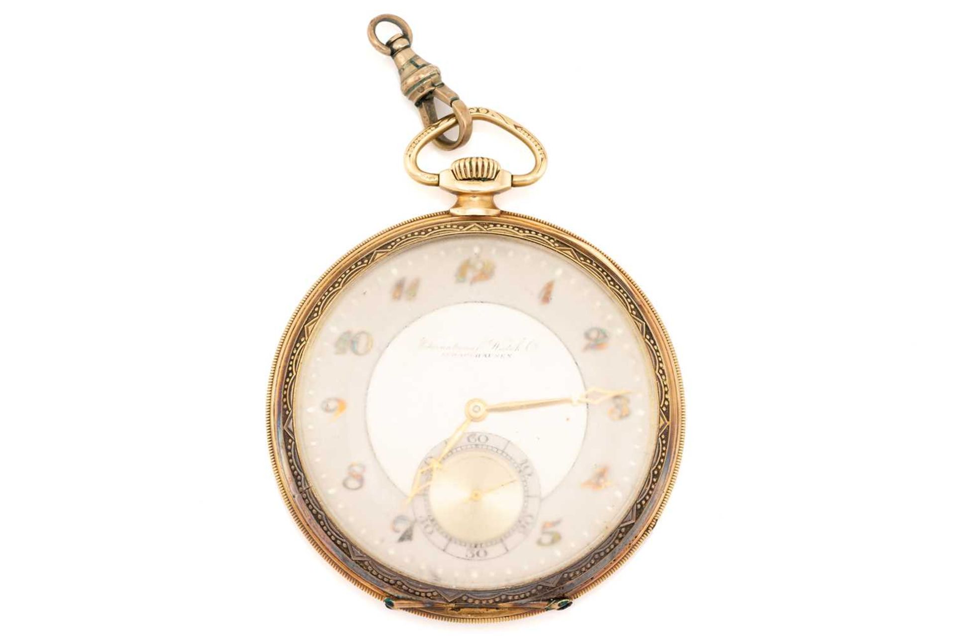An IWC 14ct gold open face pocket watch, the silvered dial with applied gilt Roman numerals and - Bild 2 aus 8