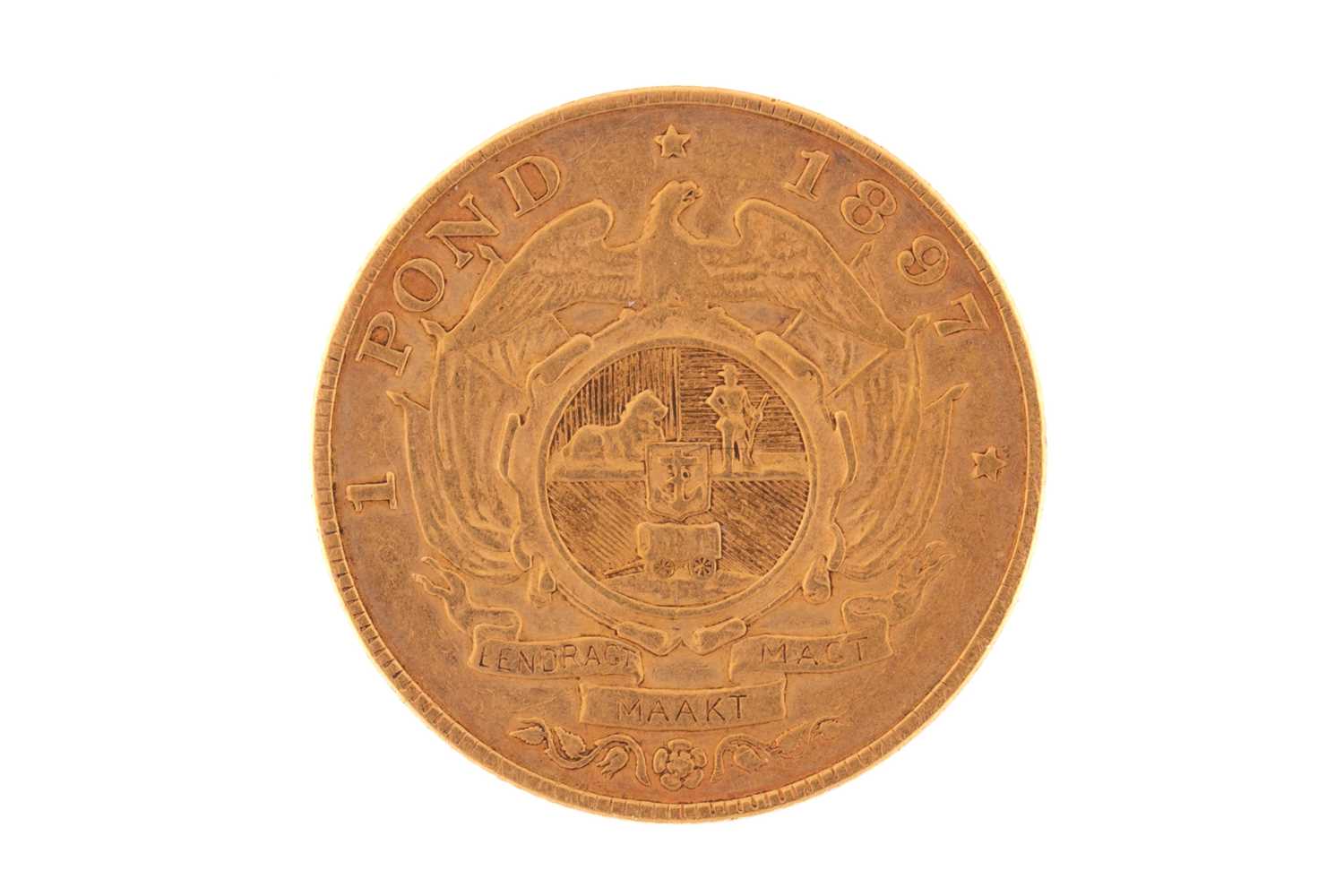 A South African gold pond, 1897 obv. with the bearded bust of President Johannes Paulus Kruger, rev.