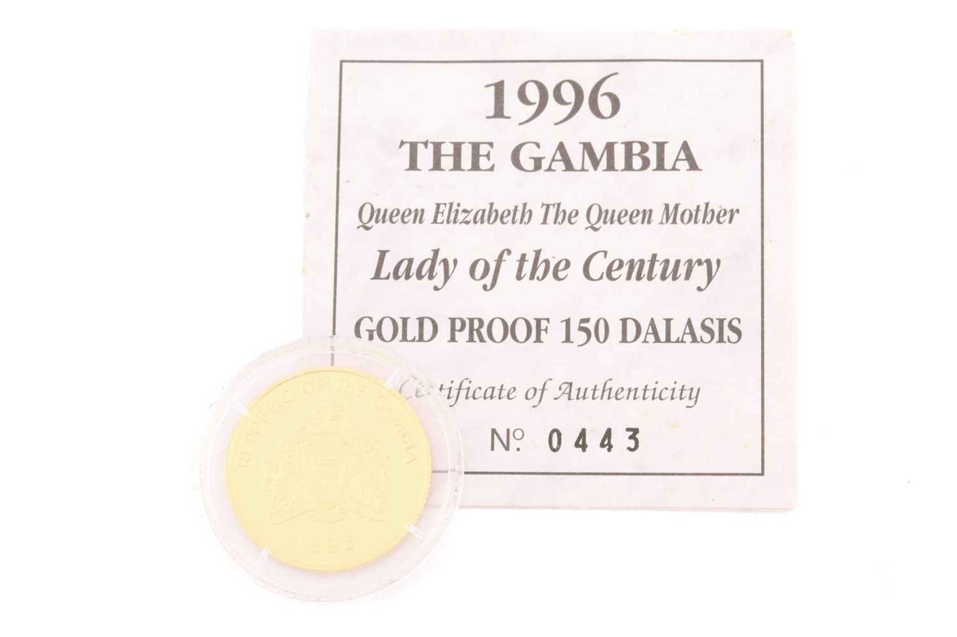 A Republic of Gambia 1996 Queen Mother, Lady of the Century 150 Dalasis coin, number 0443 of a - Image 10 of 11