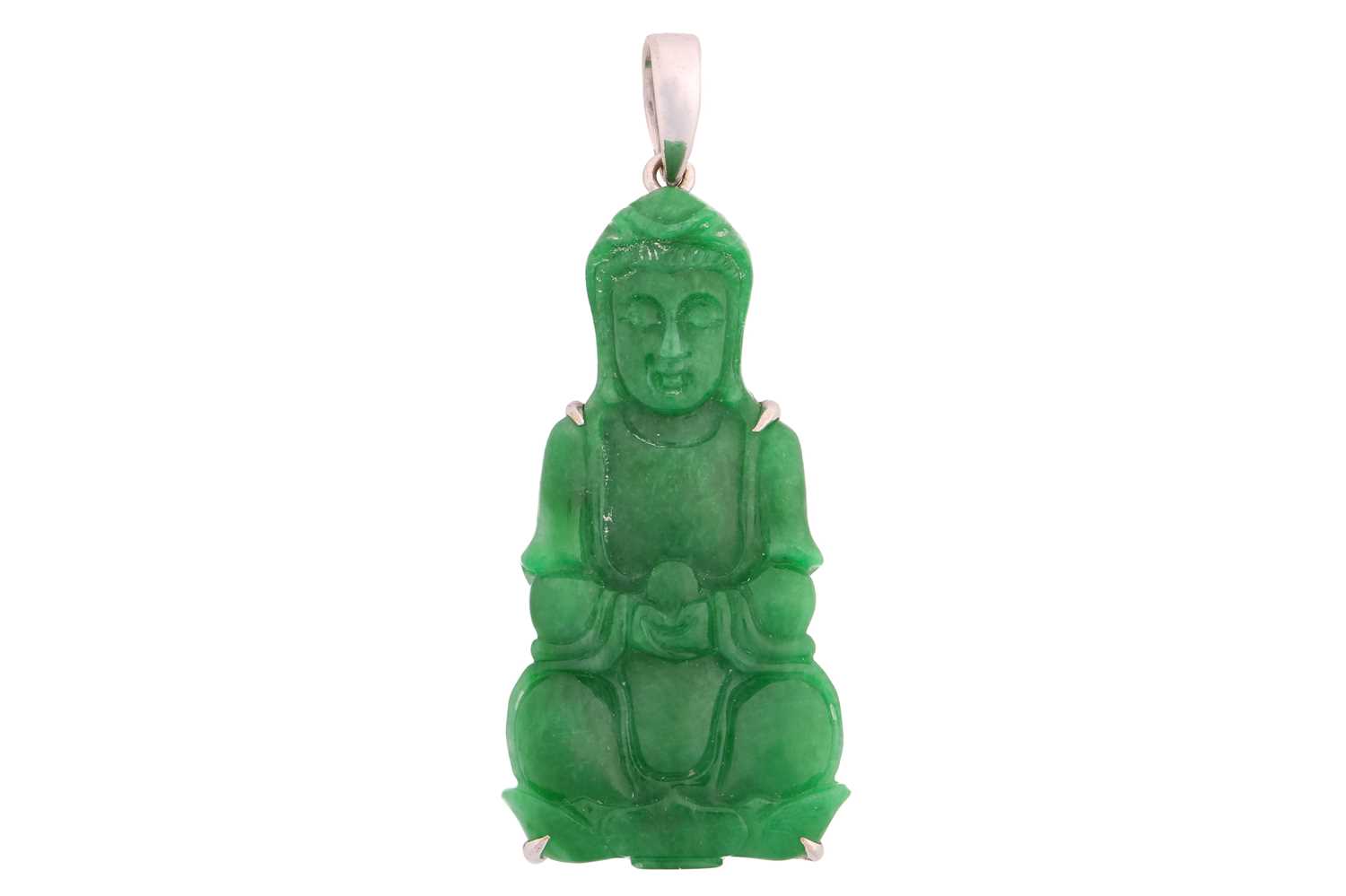 A Chinese carved jadeite Buddha pendant, depicting Shakyamuni Buddha performing Dhyana mudra on a - Image 4 of 4