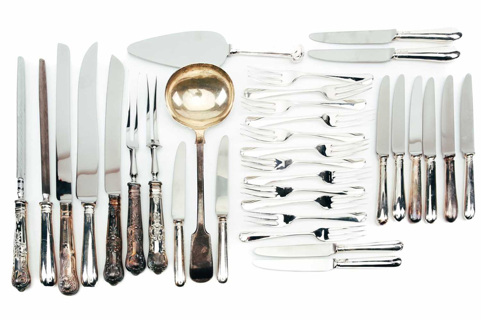 A mixed collection of modern silver flatware, forks and a large fiddle pattern ladle, London 1973