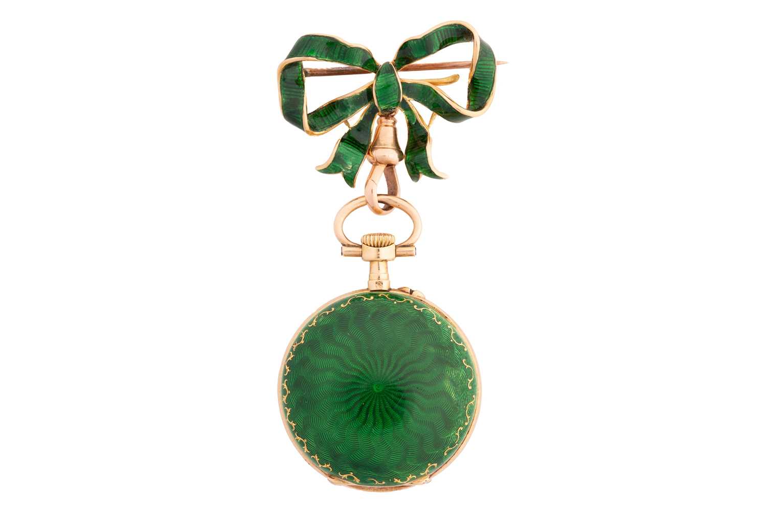 A Guilloche enamel gold open-face pocket fob watch and brooch attachment, featuring a keyless