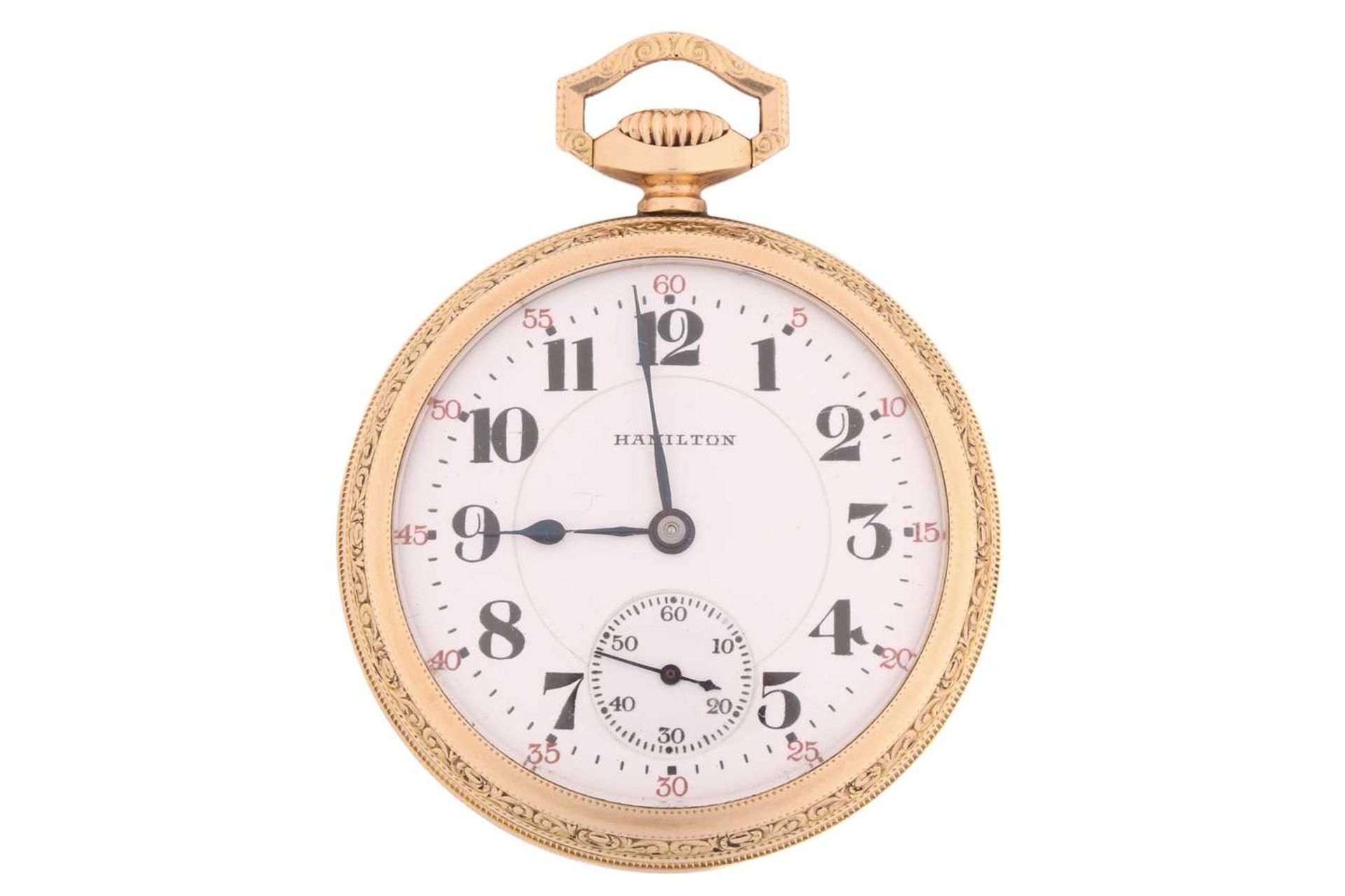 A Hamilton gold plated pocket watch, the white enamel dial with Arabic numerals and subsidiary