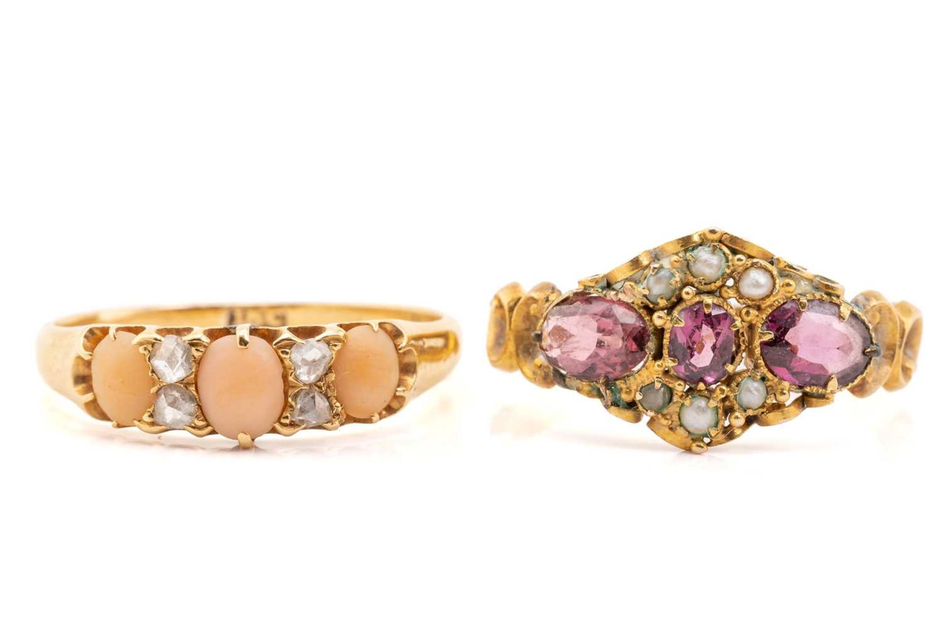 Two 19th-century gem-set rings; the first comprises three oval-cut rhodolite garnets and seed