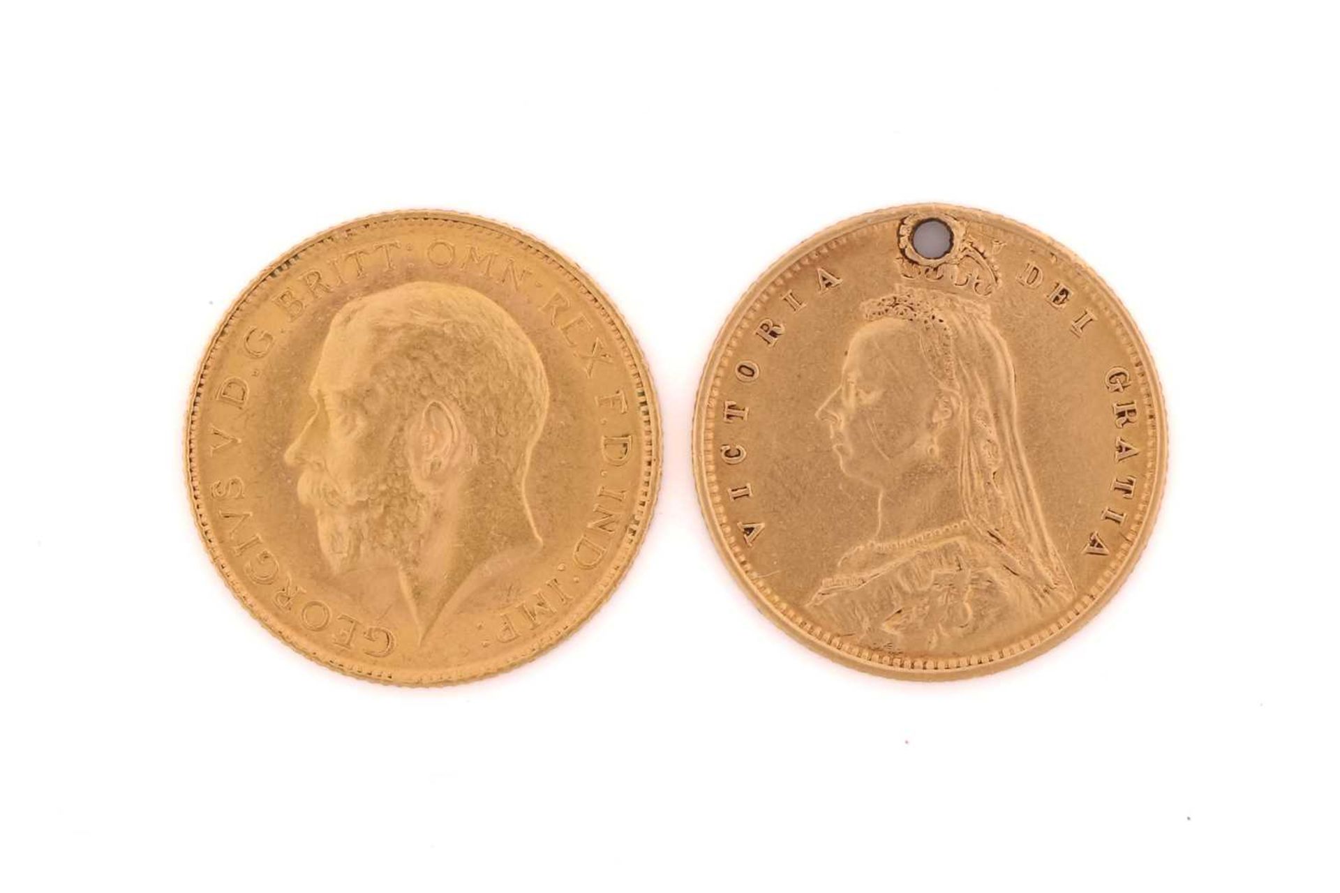 Two gold half sovereigns, comprising a Victorian shield back half sovereign dated 1892 and a