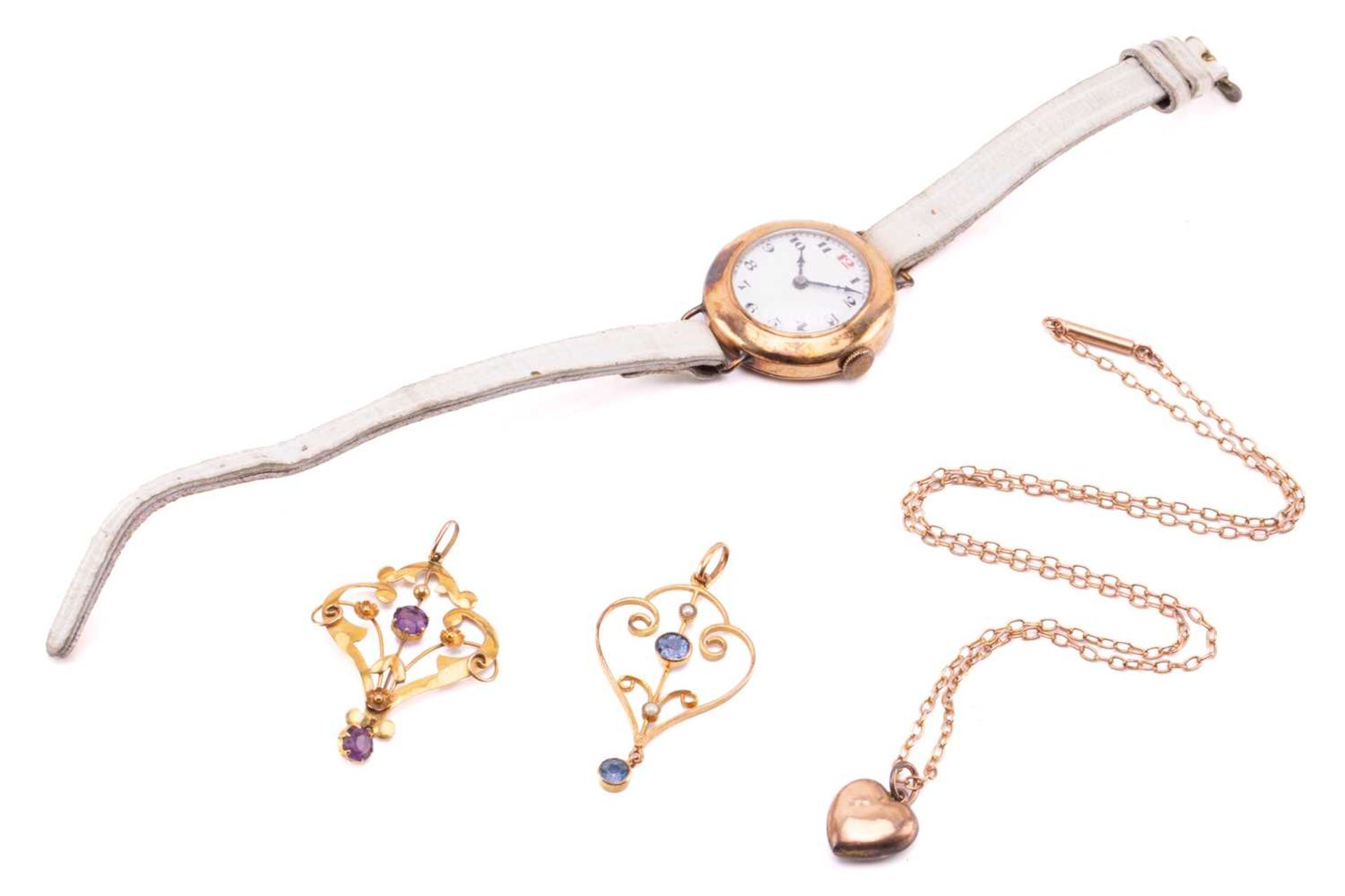 A gold Watch, two Edwardian pendants and a heart necklace, the lot comprising of a 9ct yellow gold