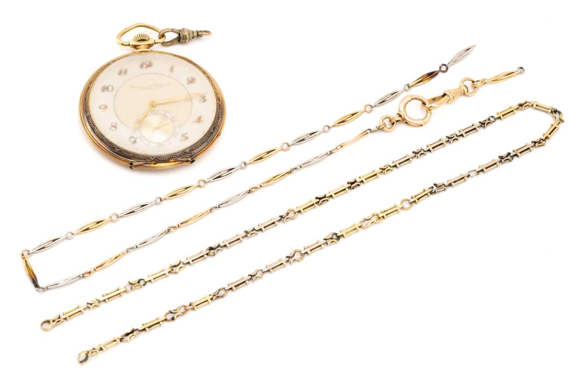 An IWC 14ct gold open face pocket watch, the silvered dial with applied gilt Roman numerals and