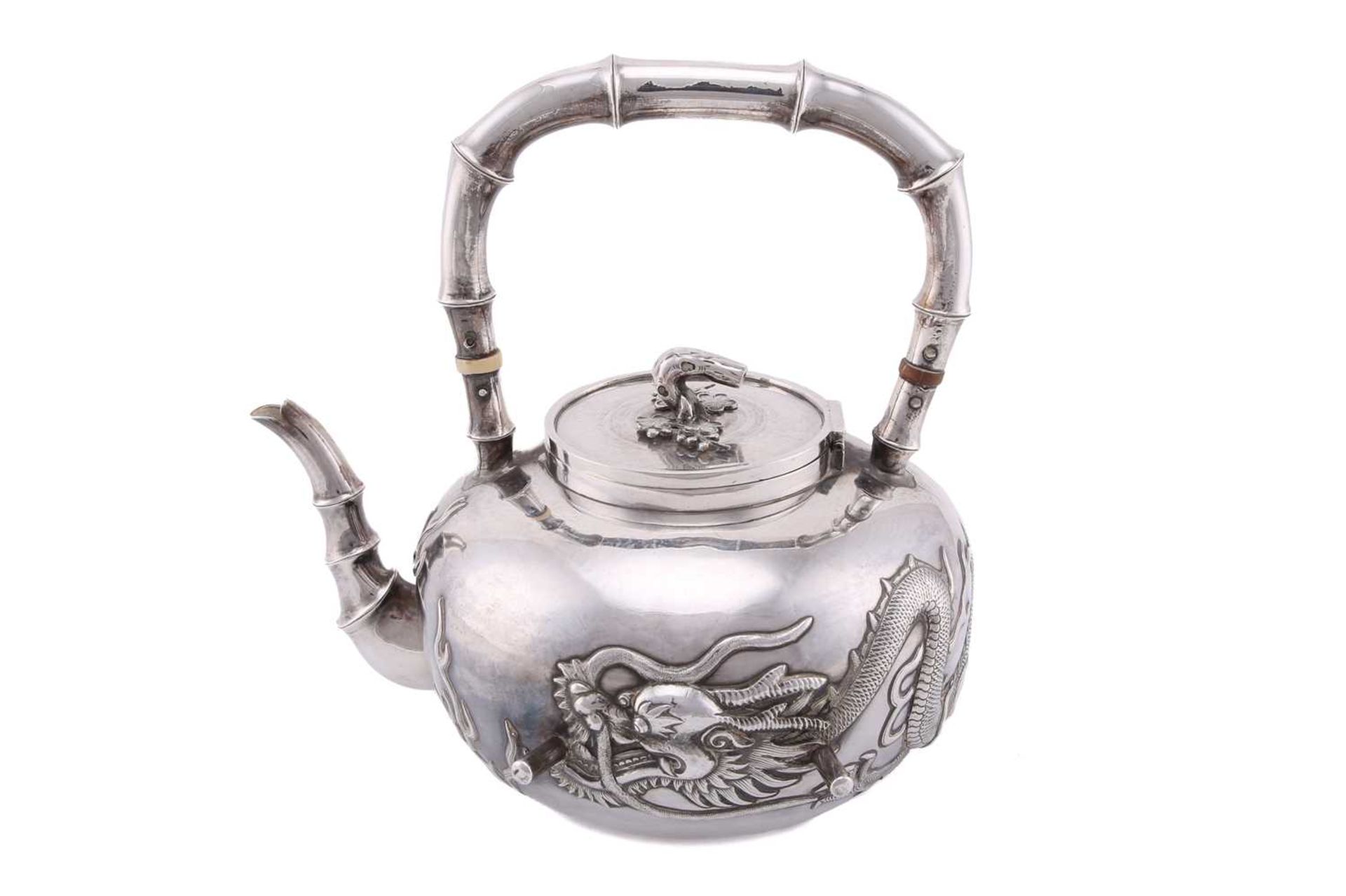 A Chinese silver four piece tea set by Wang Hing, late Qing, the covers with knops in the form of - Image 3 of 24