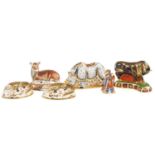 A group of six Crown Derby porcelain paperweights to include A Bull modelled Robert Jefferson,
