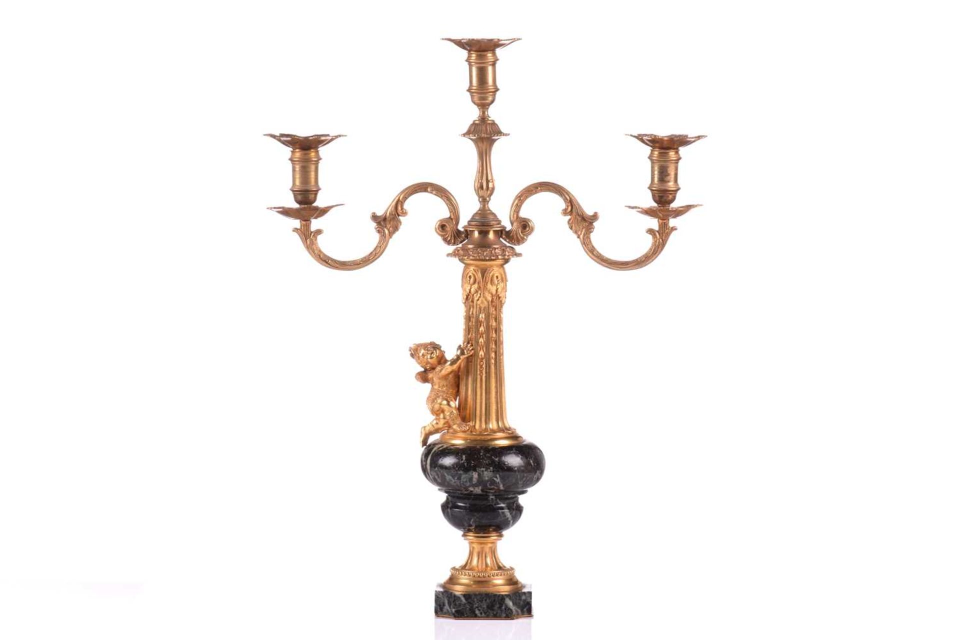 A pair of French marble and ormolu mounted candelabra, circa 1880, with two scrolling branches on - Image 2 of 7