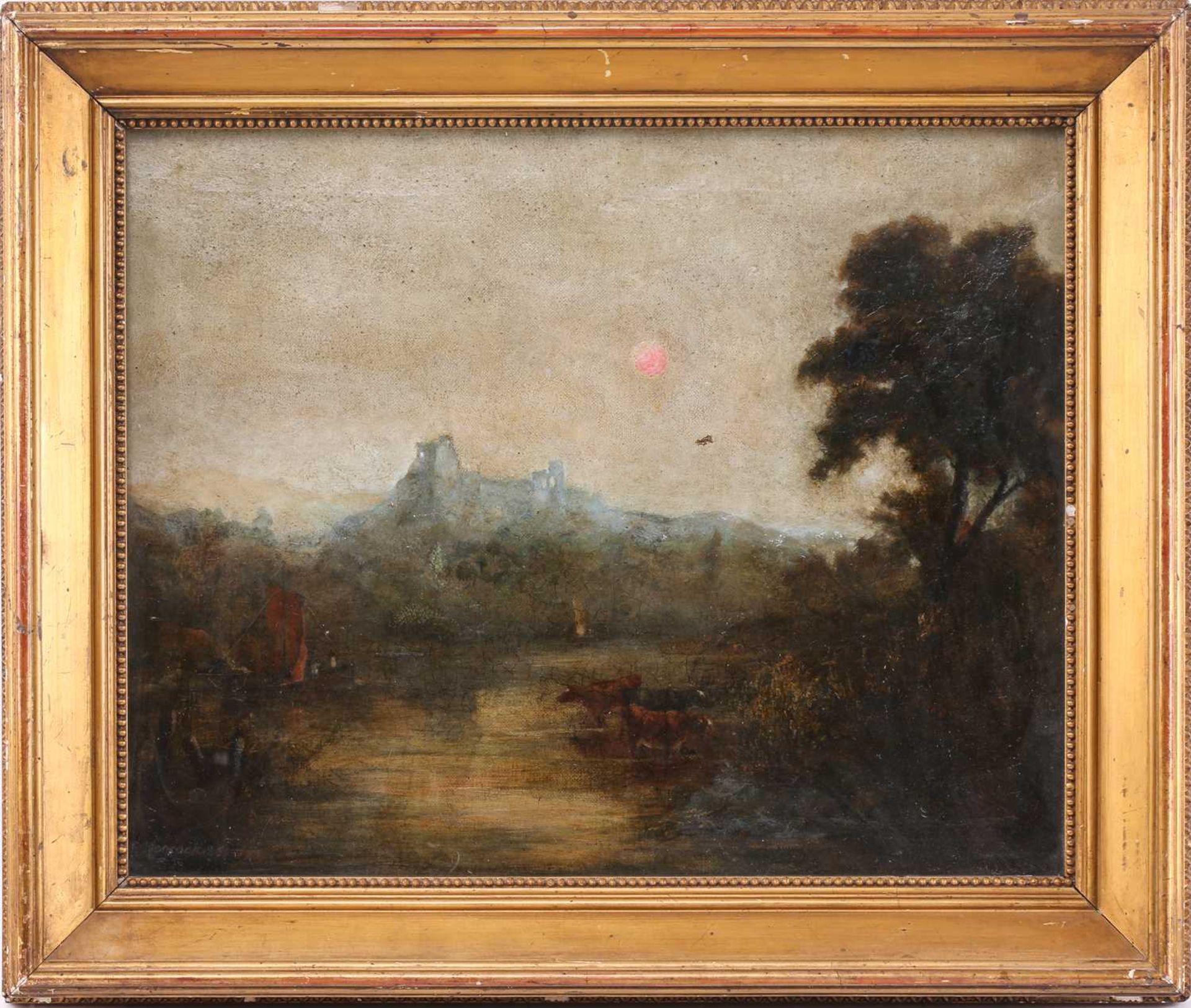 F Hancock, the end of day,cattle watering at a river, with figures in a boat and a castle ruin to - Bild 2 aus 11