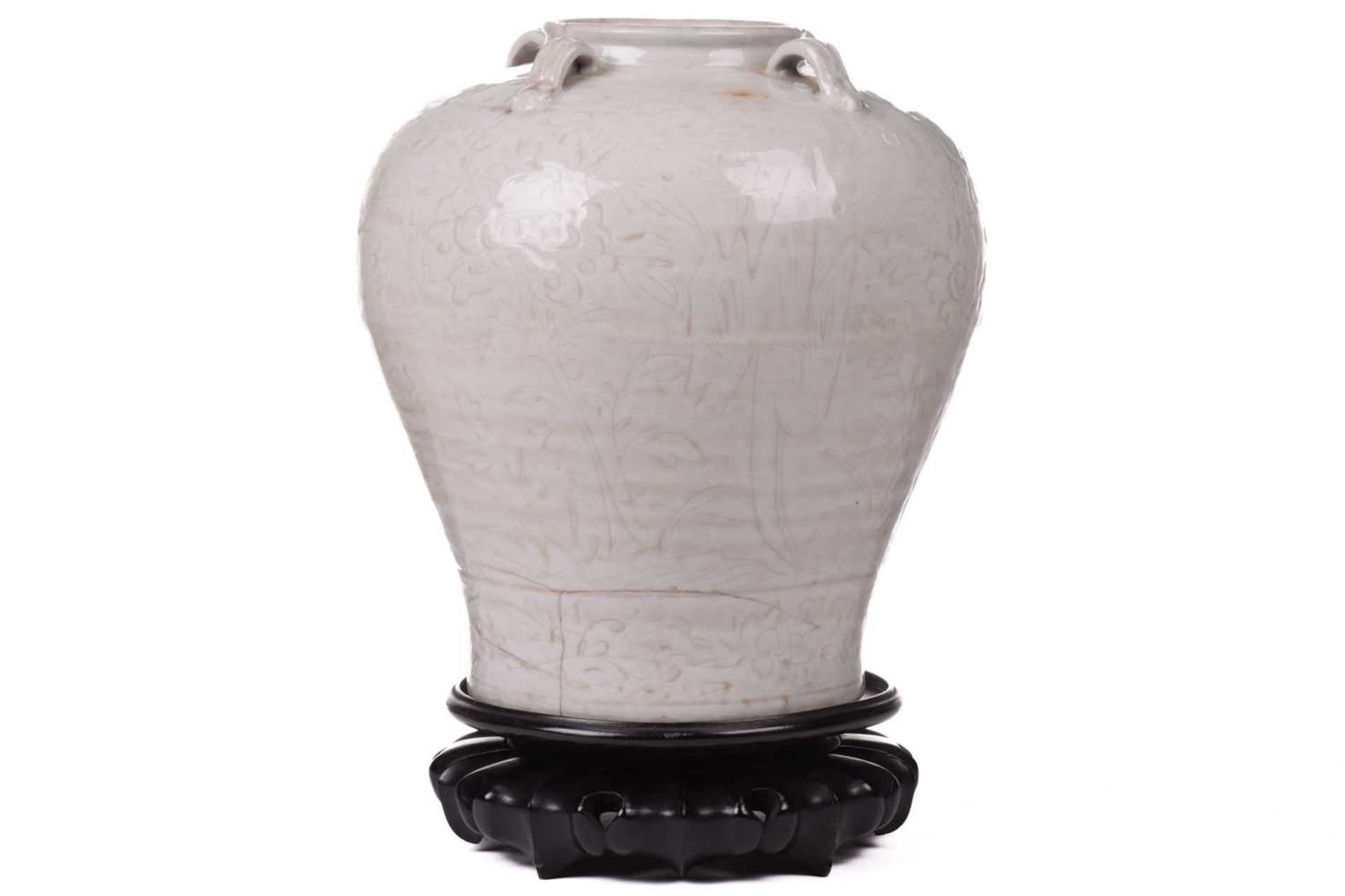 A Chinese celadon inverted baluster vase, with four loop handles to the shoulder and floral - Image 3 of 23