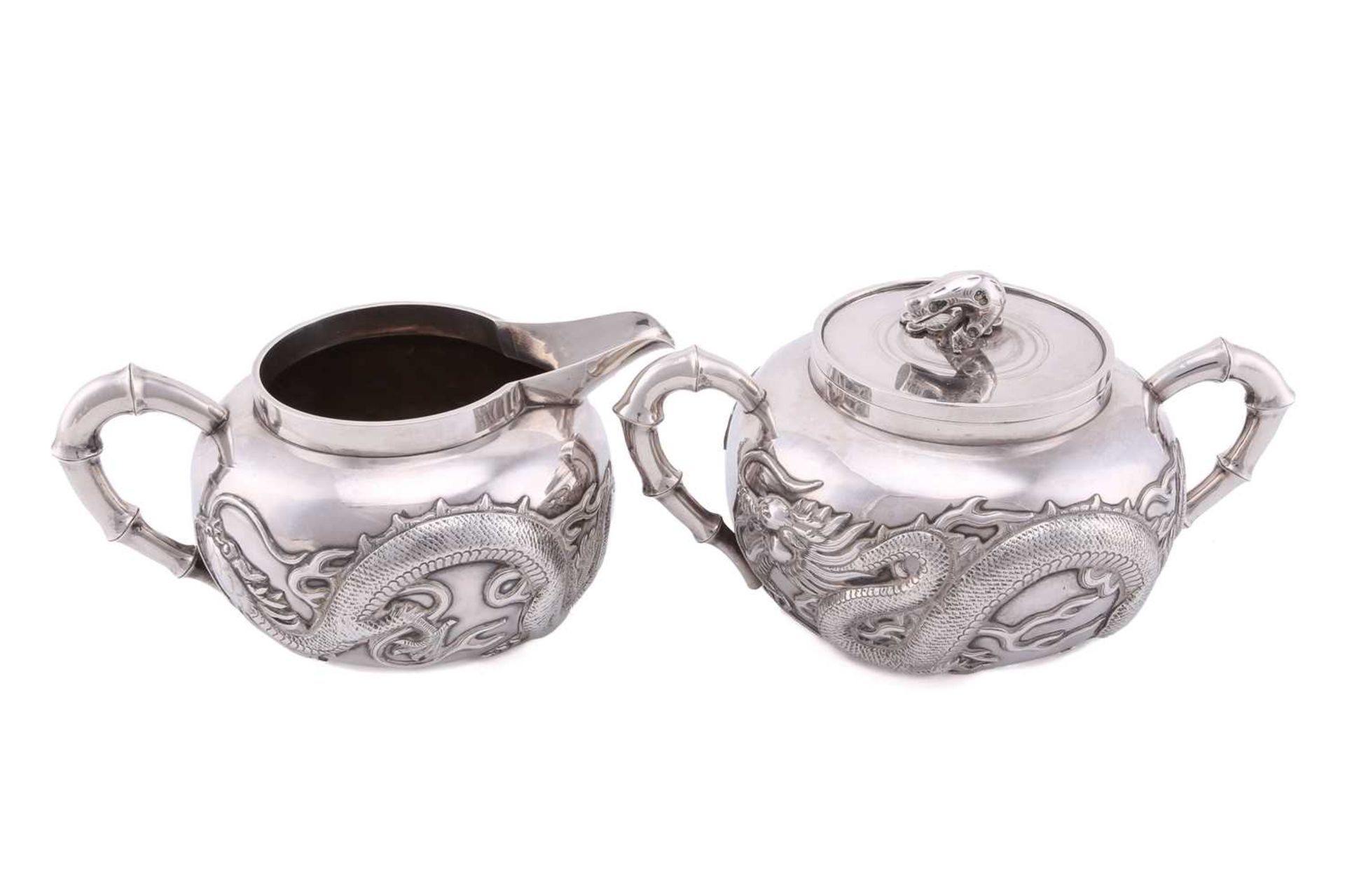 A Chinese silver four piece tea set by Wang Hing, late Qing, the covers with knops in the form of - Image 10 of 24