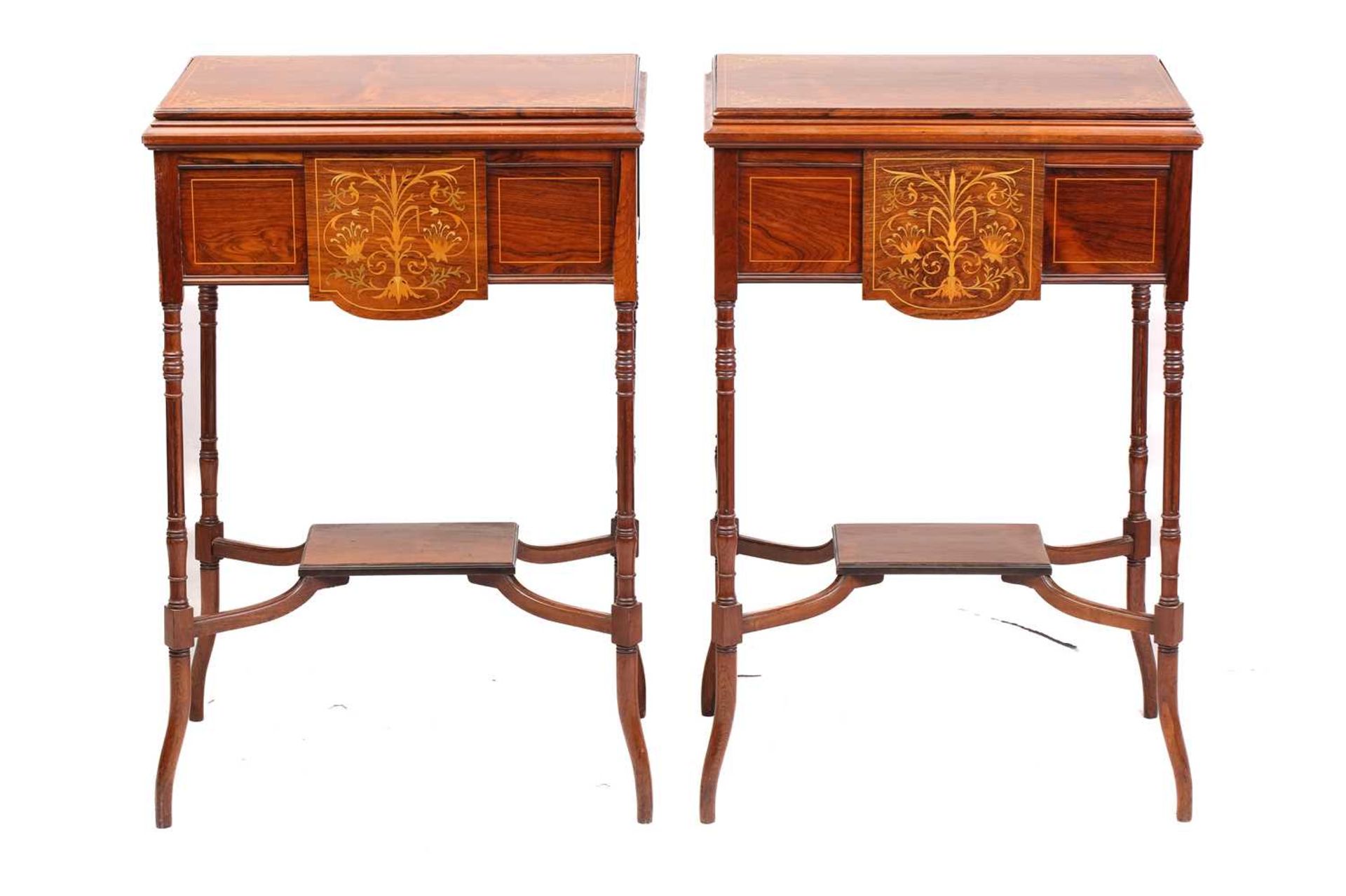 A pair of Edwardian rectangular figured rosewood jardiniere/ wine cooler tables, possibly by Edwards - Image 3 of 16