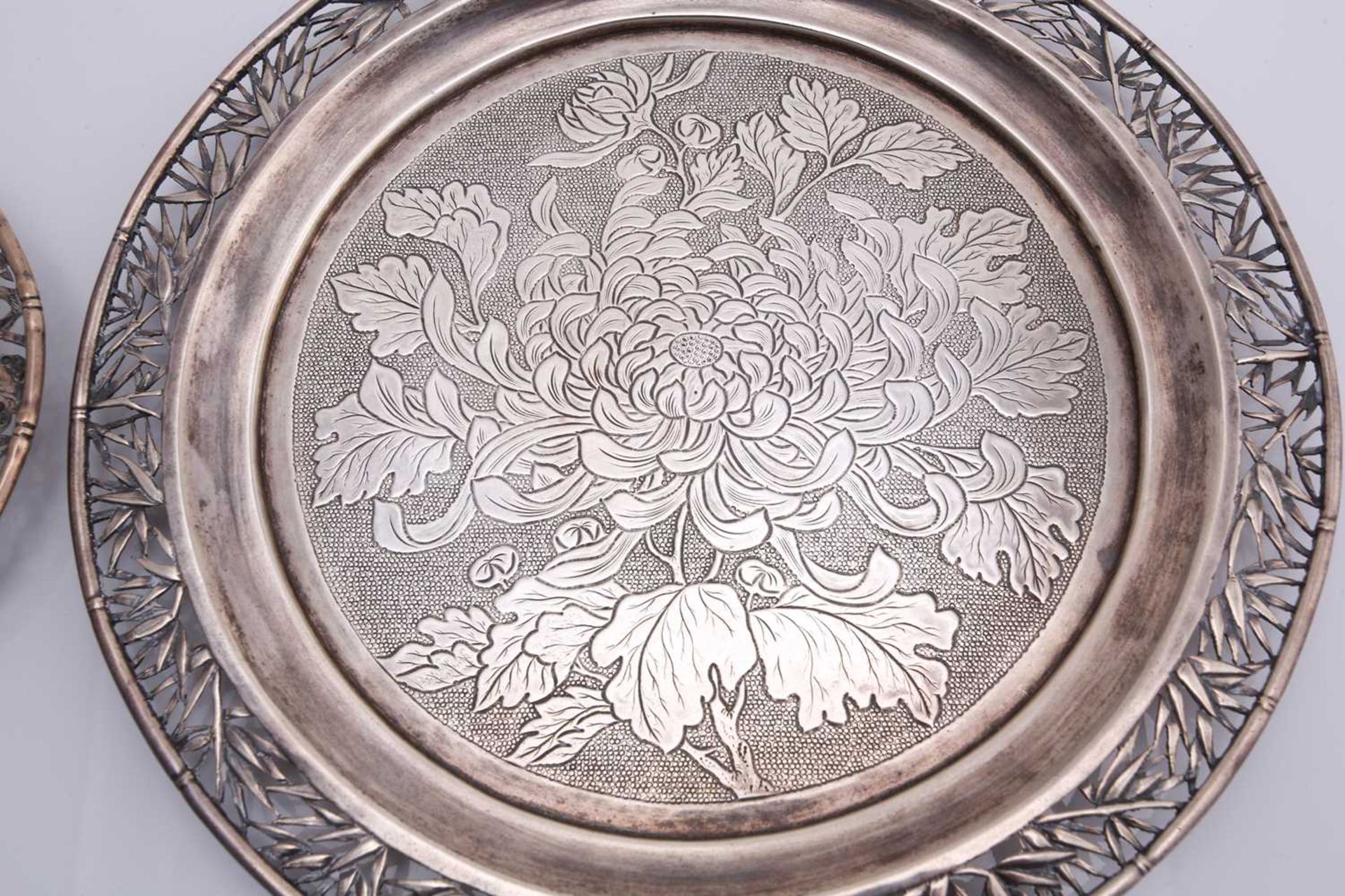 A Chinese silver salver, Wang Hing, late Qing, engraved with a large peony within a pierced bamboo - Image 3 of 8