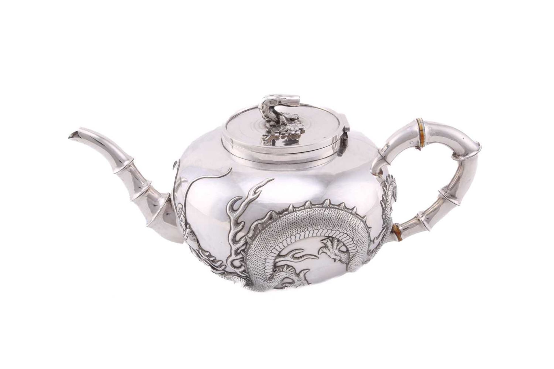 A Chinese silver four piece tea set by Wang Hing, late Qing, the covers with knops in the form of - Image 7 of 24