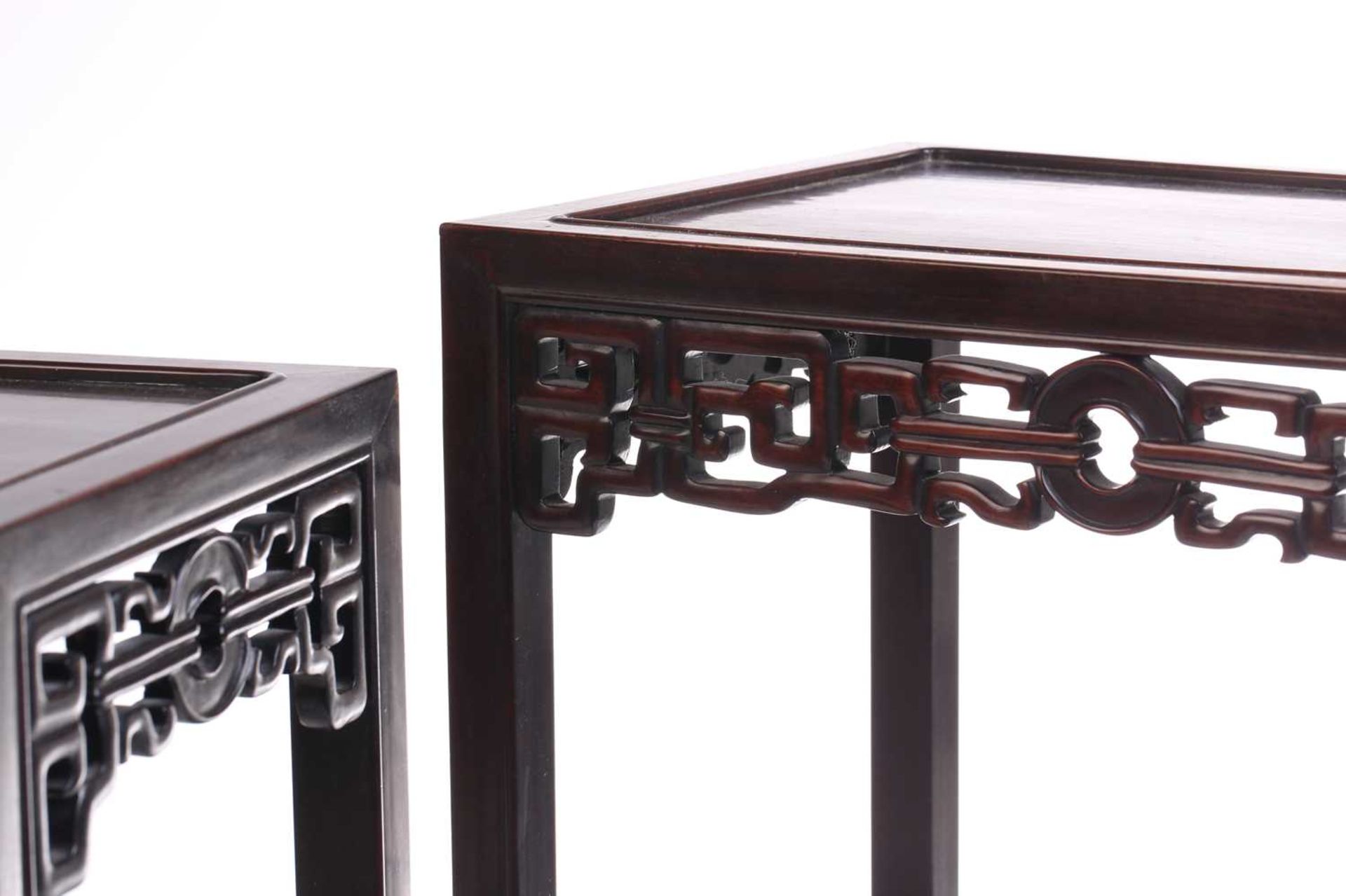 A nest of two Chinese Hongmu tables, early 20th century,of rectangular form with sunken top, with - Image 4 of 10