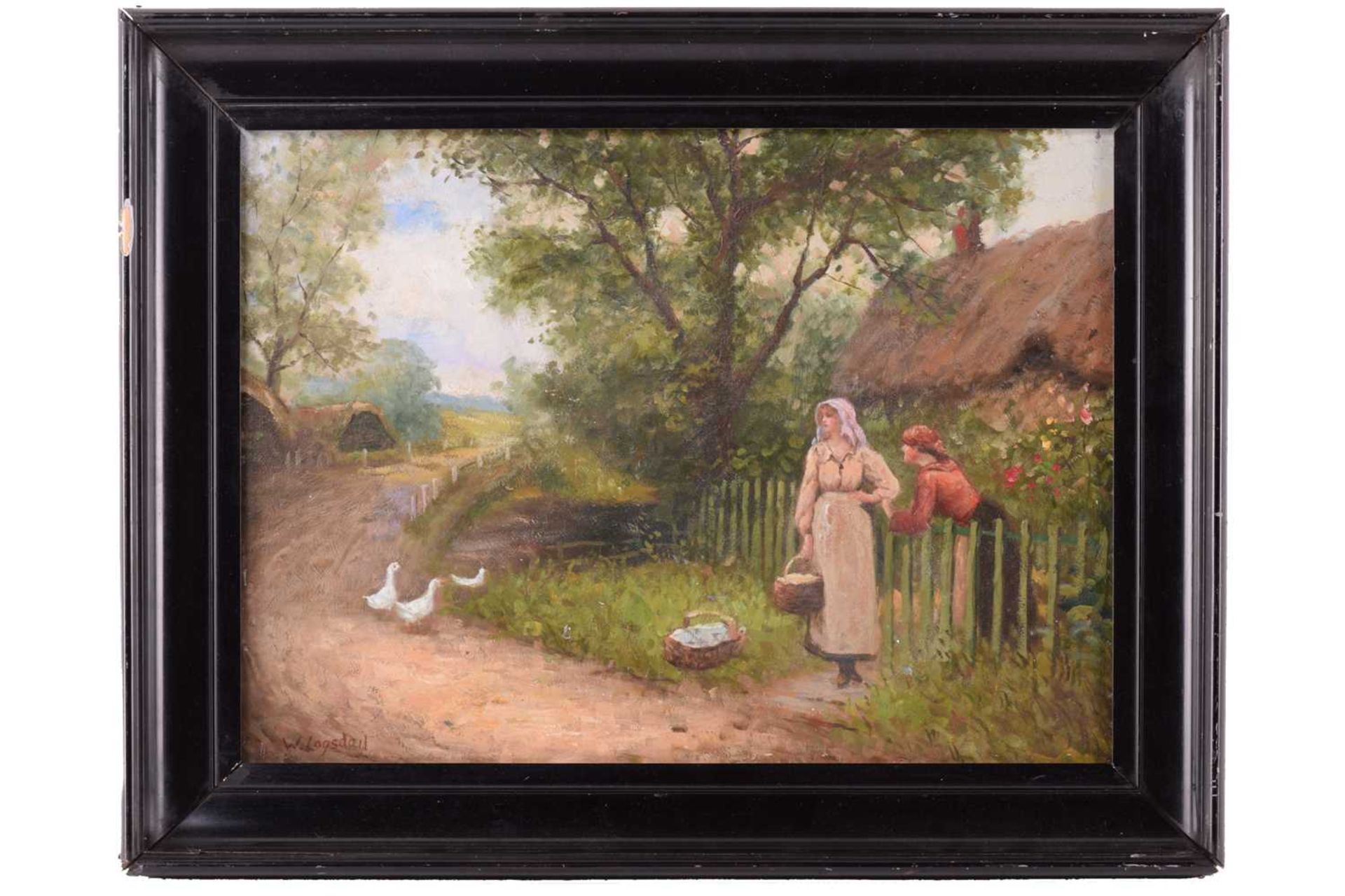 W. Logsdail (late 20th Century), Country lane with figures and thatched cottage, signed, oil on