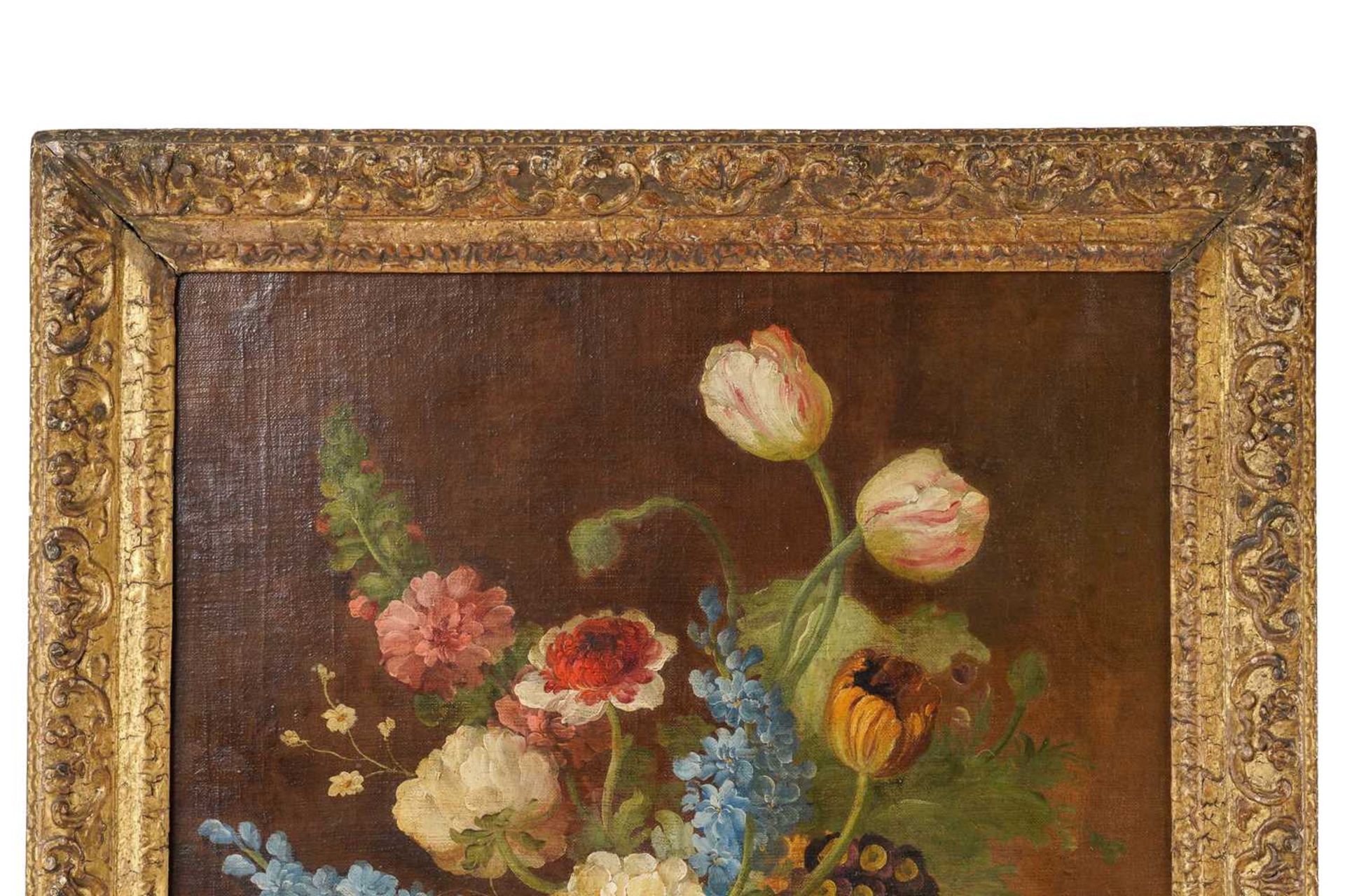 20th-century school, a still life study of flowers on a table, oil on canvas, indistinctly signed, - Image 2 of 7