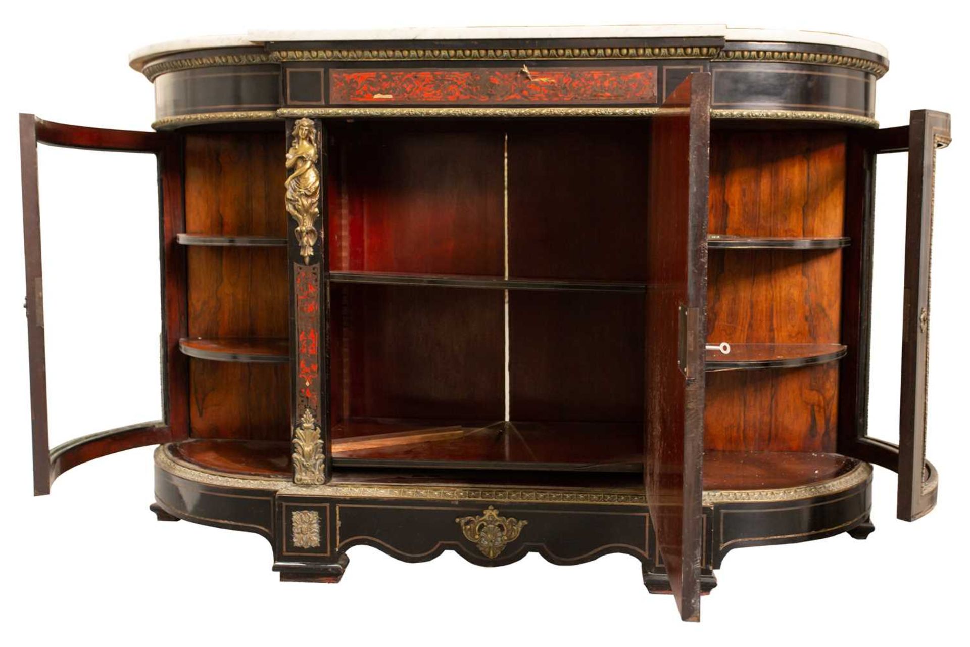 A Napoleon III marble topped ebonised and red Boule inlaid breakfront credenza, late 19th century, - Image 2 of 11