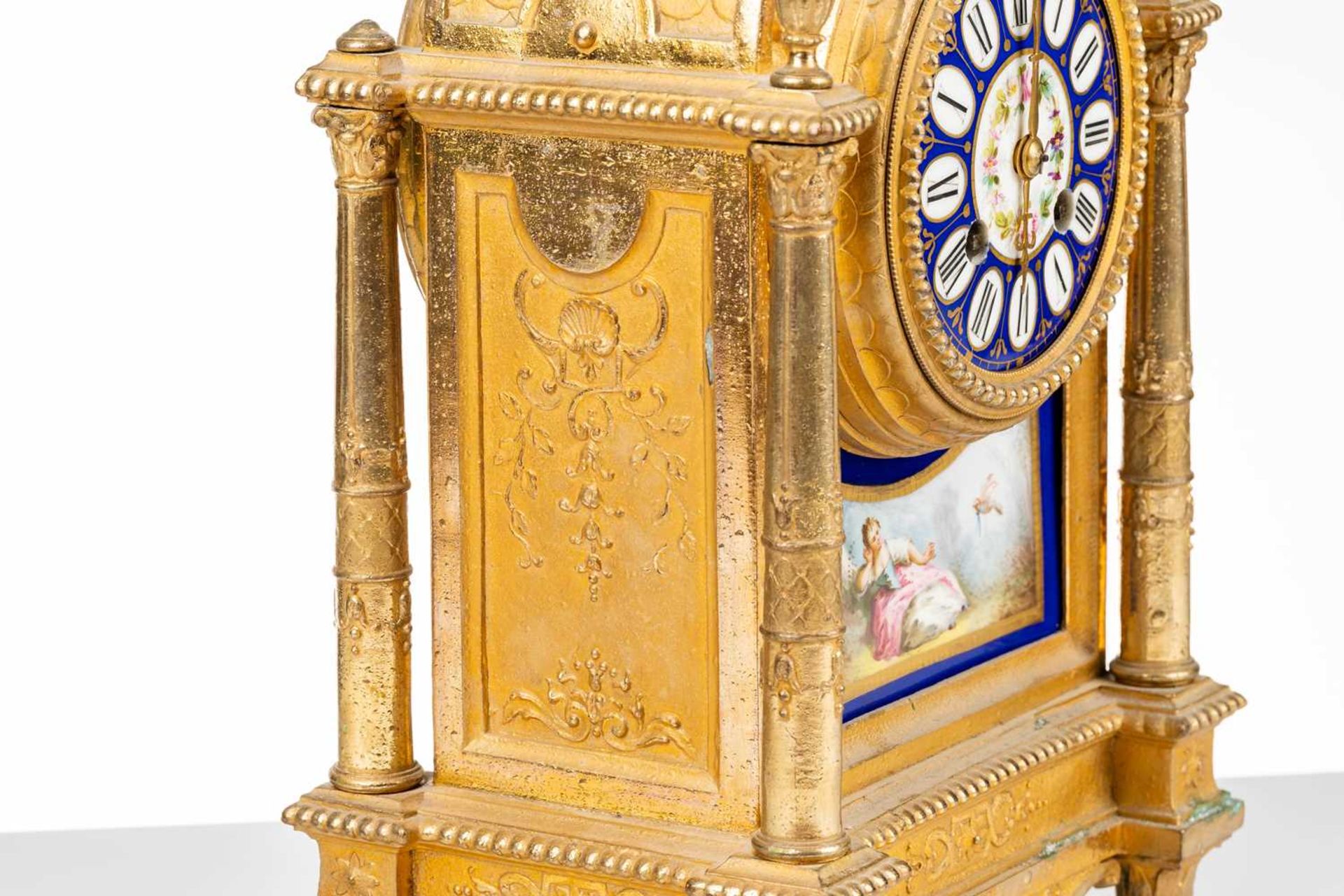 A Louis XVI-style gilt metal cased 8-day mantle clock of architectural arched form, with Sevres - Image 6 of 13