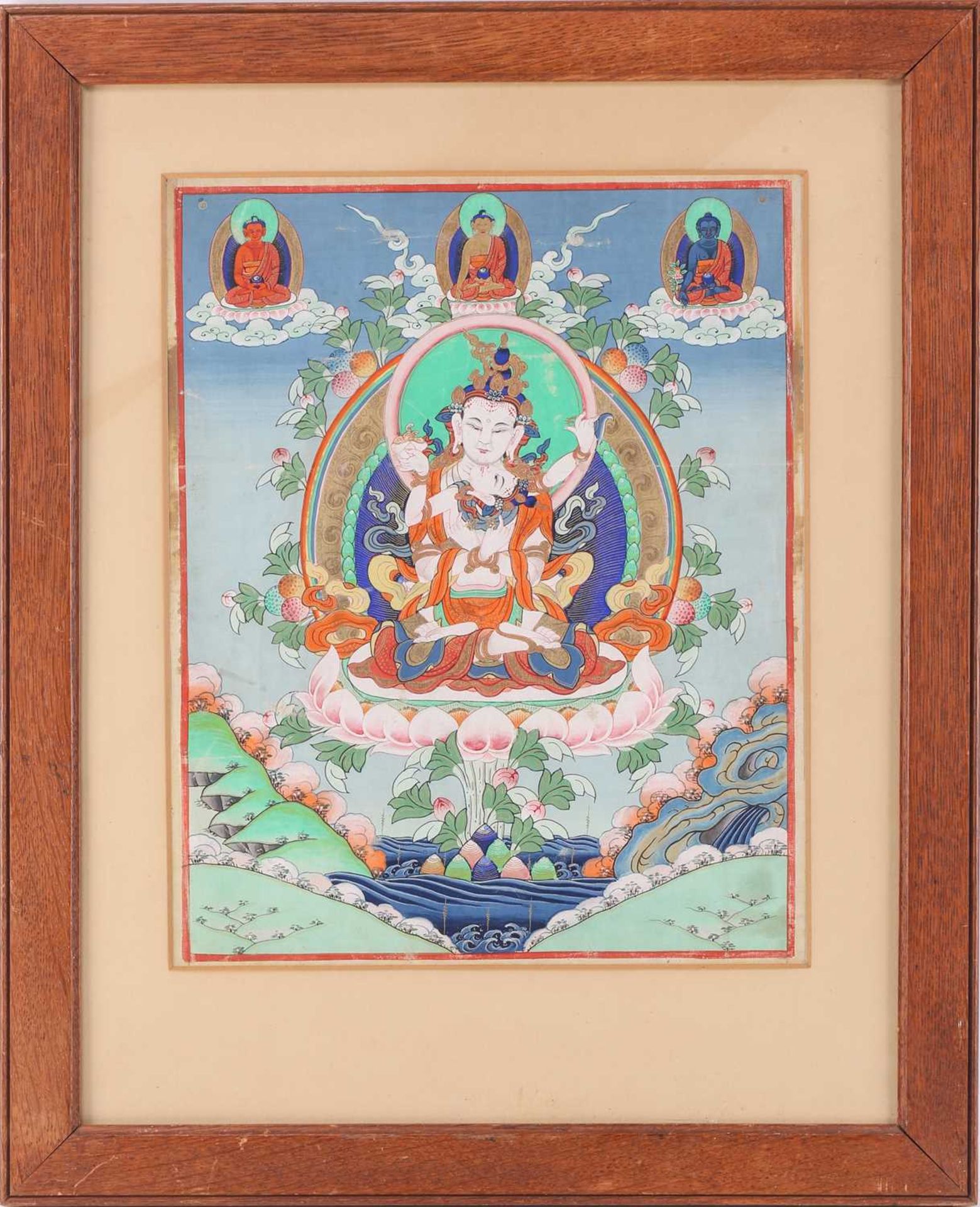 A 19th century Tibetan Buddhist Thangka, 35 cm x 28 cm glazed in an oak frame, together with a - Image 2 of 12