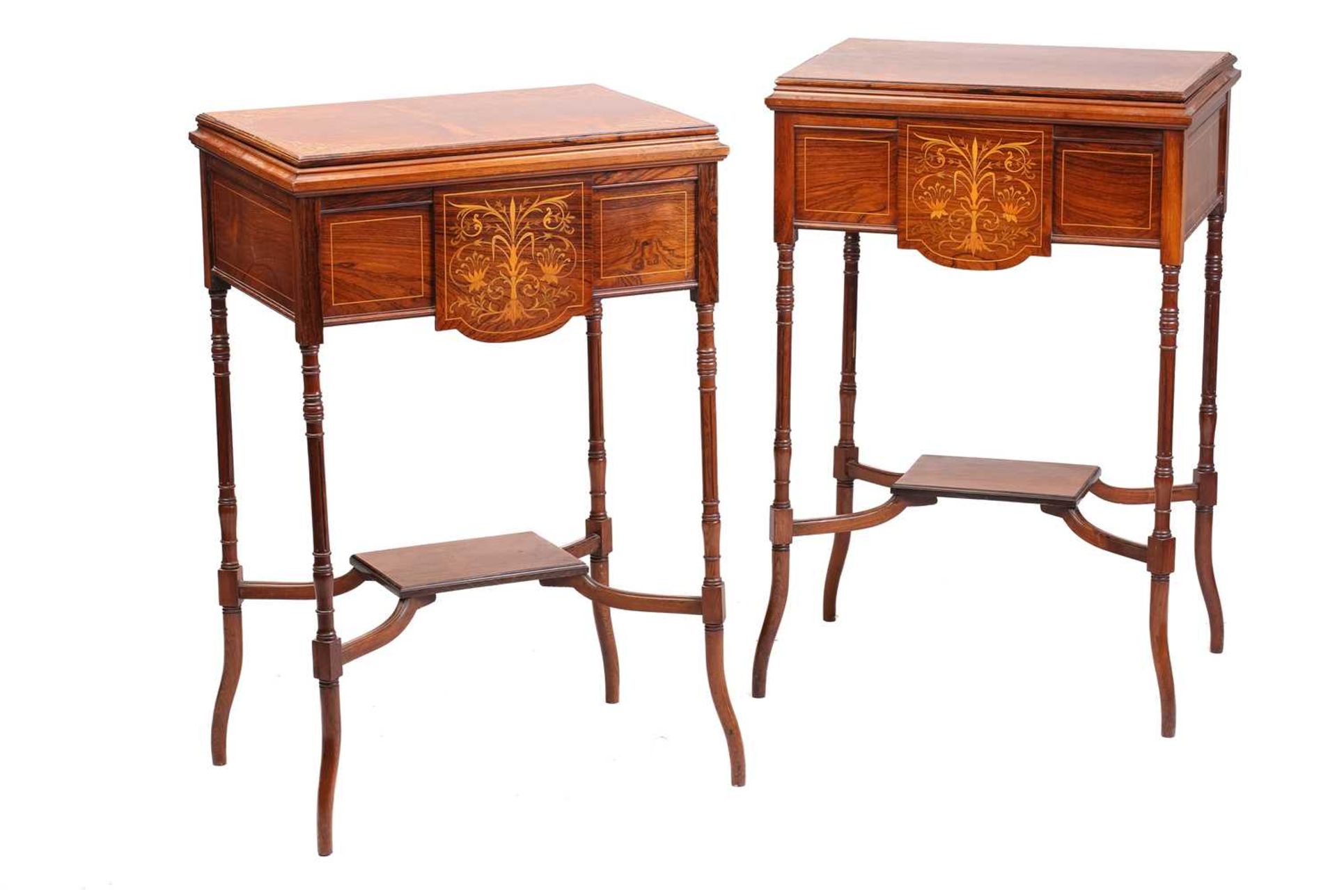 A pair of Edwardian rectangular figured rosewood jardiniere/ wine cooler tables, possibly by Edwards