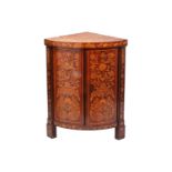 A Dutch marquetry inlaid mahogany cylinder corner cupboard, early 19th century, the top with