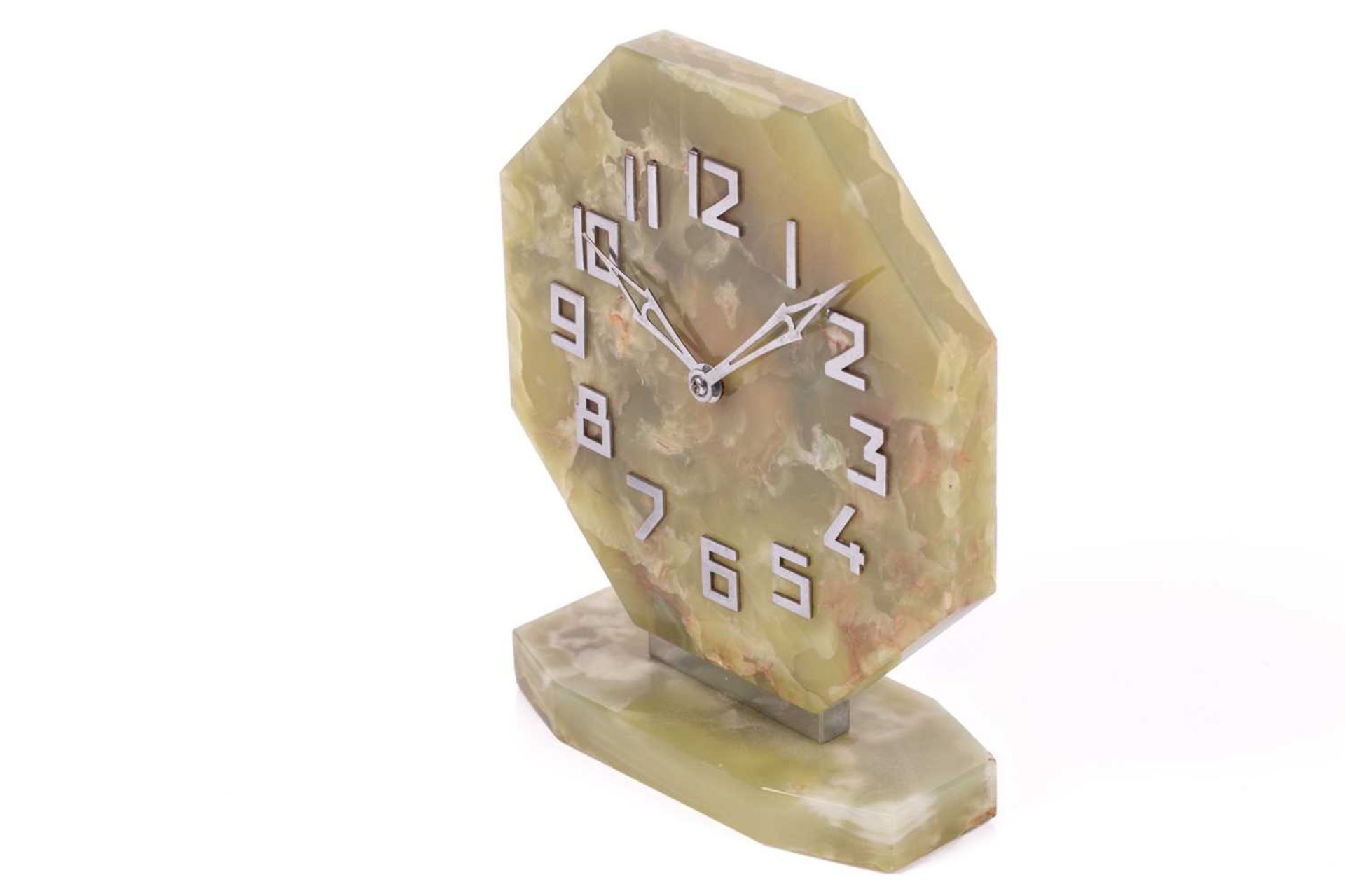 An Art Deco Smith of Enfield Austrian green onyx mantle clock, early 20th century, the solid - Image 9 of 14