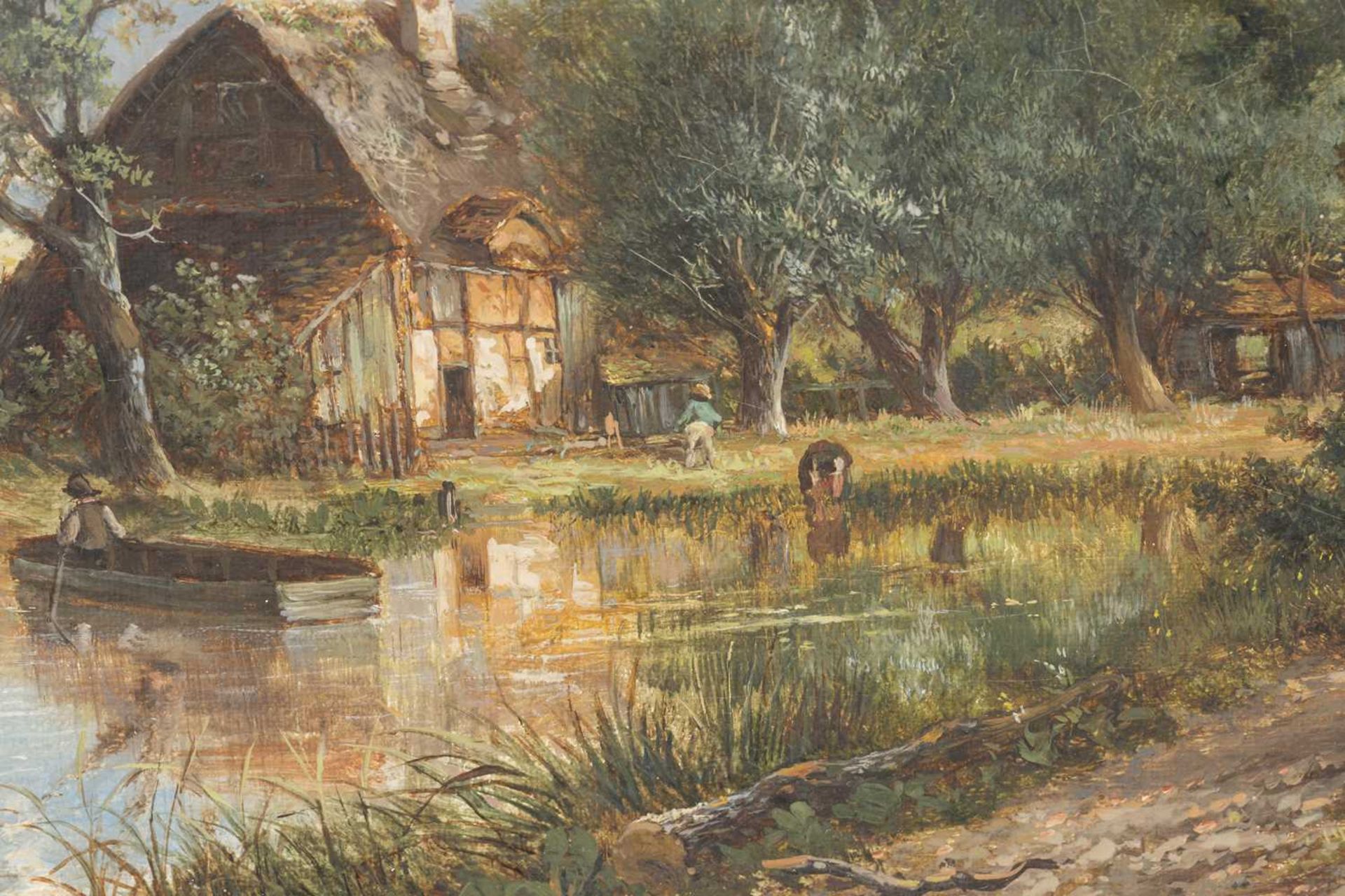 Joseph Thors (1843-1898) British, a rural landscape, stream before a cottage, oil on canvas, - Image 3 of 8