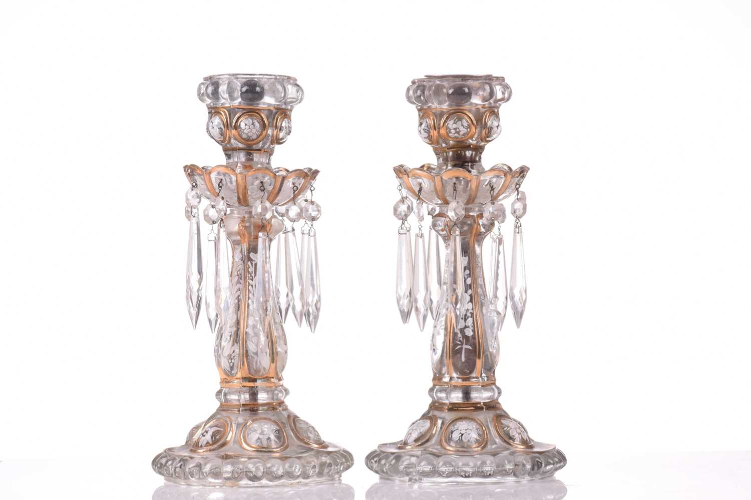 A pair of Victorian glass storm lights, with white enamel floral decoration and gilt highlights, the - Image 13 of 16