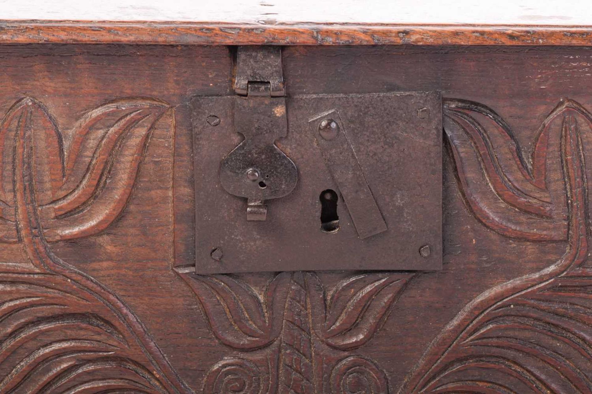 An oak bible box, 17th/18th century, of rectangular form, the front panel carved with stylised - Bild 16 aus 28