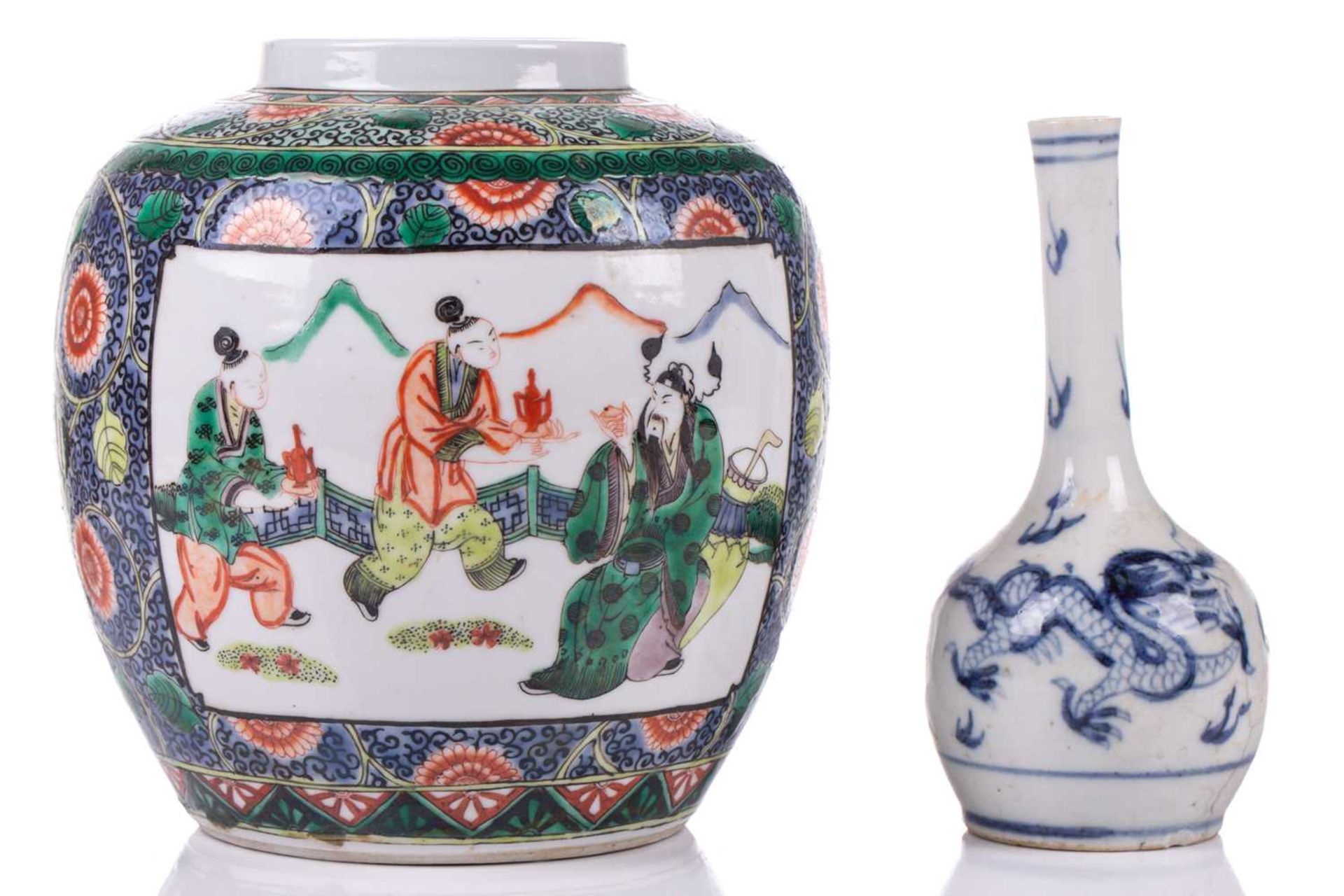 A Chinese porcelain ginger jar, 20th century, painted with panels of figures, within a tight