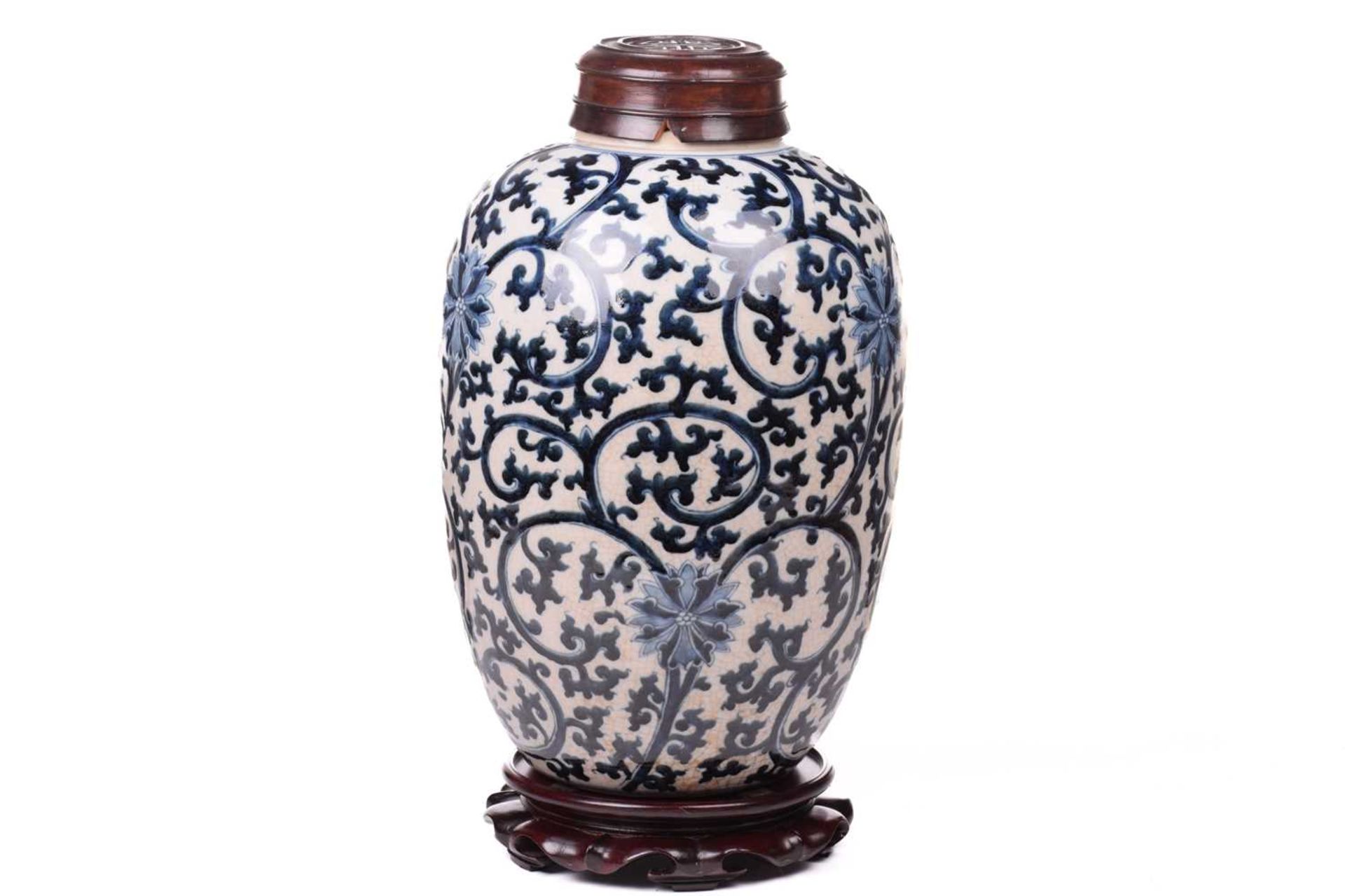 A Chinese Ming style blue and white ovoid vase, with allover foliate scroll and floral design, later - Image 19 of 29