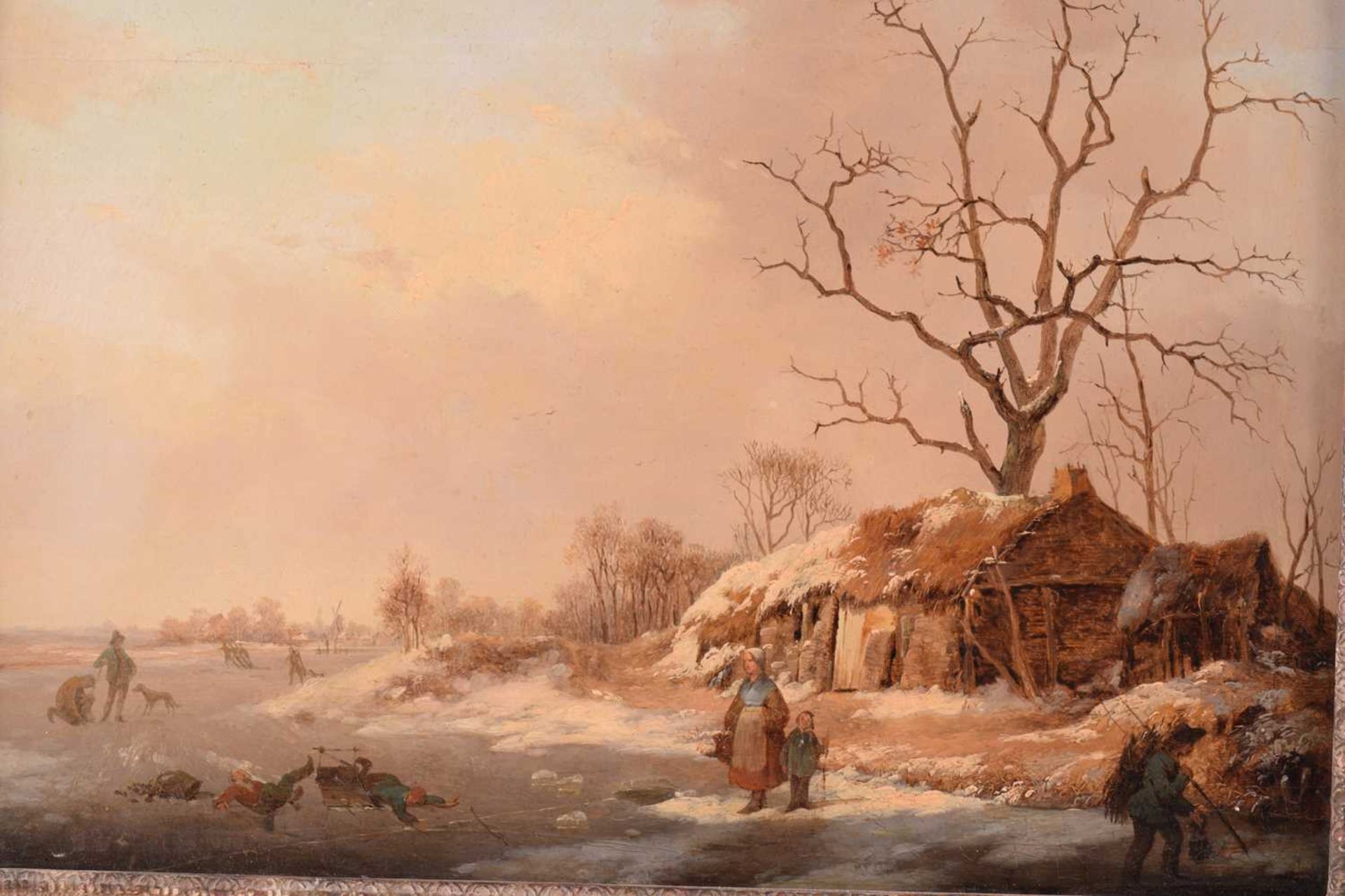 Late 18th / early 19th-century Dutch school, figures on an icy lake, unsigned oil on board, 30.5 - Bild 3 aus 8
