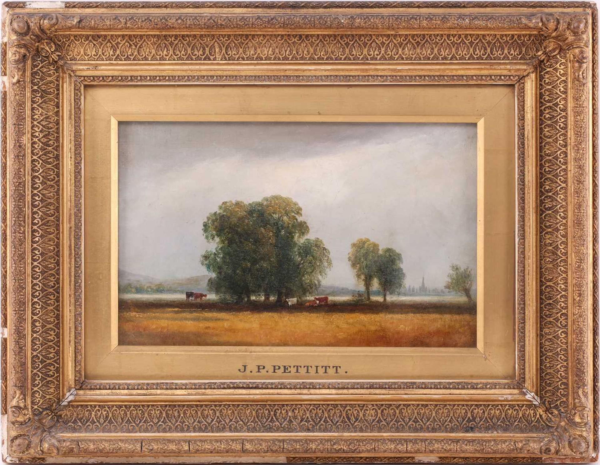 Manner of Joseph Paul Pettitt (1812 - 1882), cattle grazing beneath a tree, a town in the distant, - Image 2 of 13