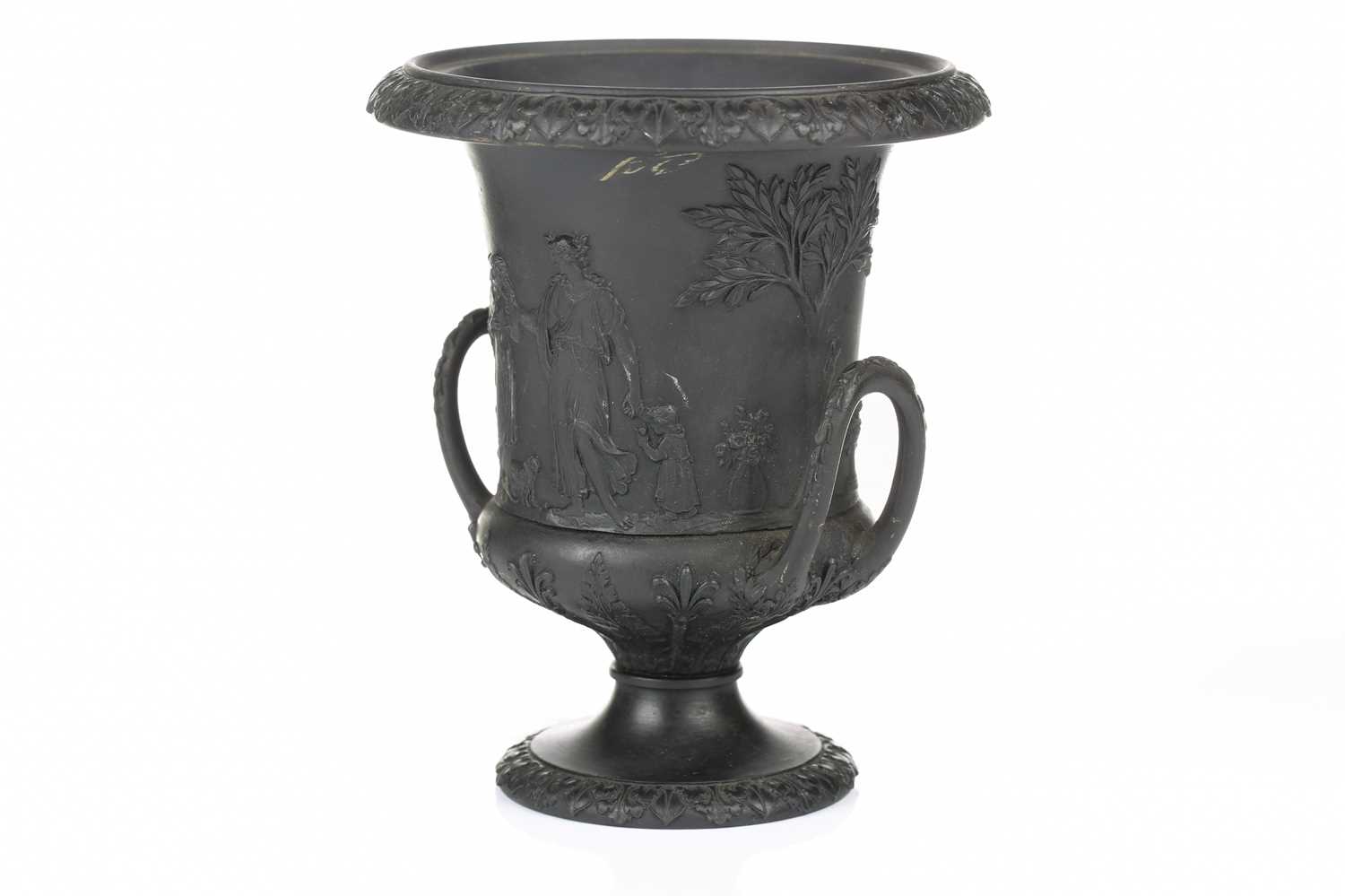A 19th century Wedgwood black basalt urn of Campagna form, relief decorated with neo-classical - Image 4 of 11