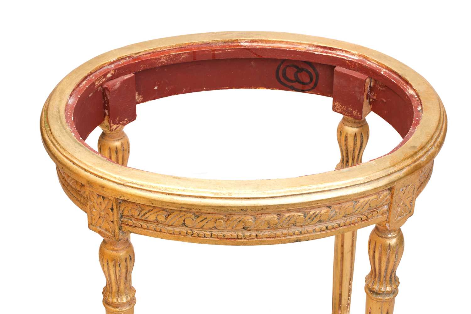 A Louis XVI style marble-topped oval giltwood table, 20th century with turned supports and shaped - Image 7 of 10