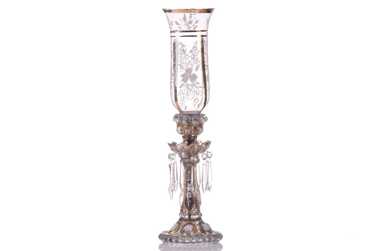 A pair of Victorian glass storm lights, with white enamel floral decoration and gilt highlights, the - Image 10 of 16