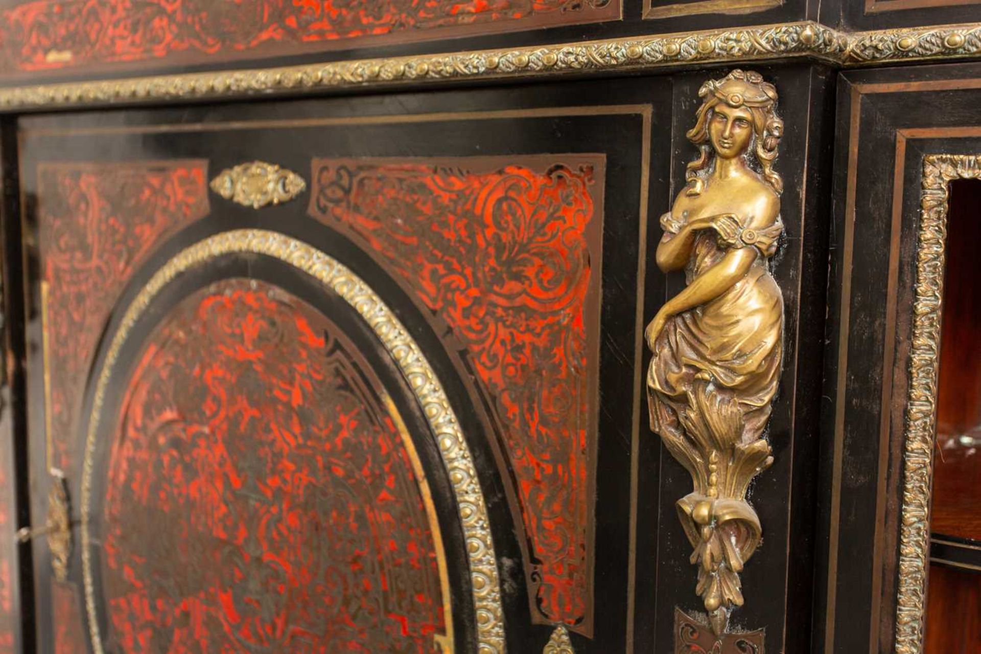 A Napoleon III marble topped ebonised and red Boule inlaid breakfront credenza, late 19th century, - Image 3 of 11