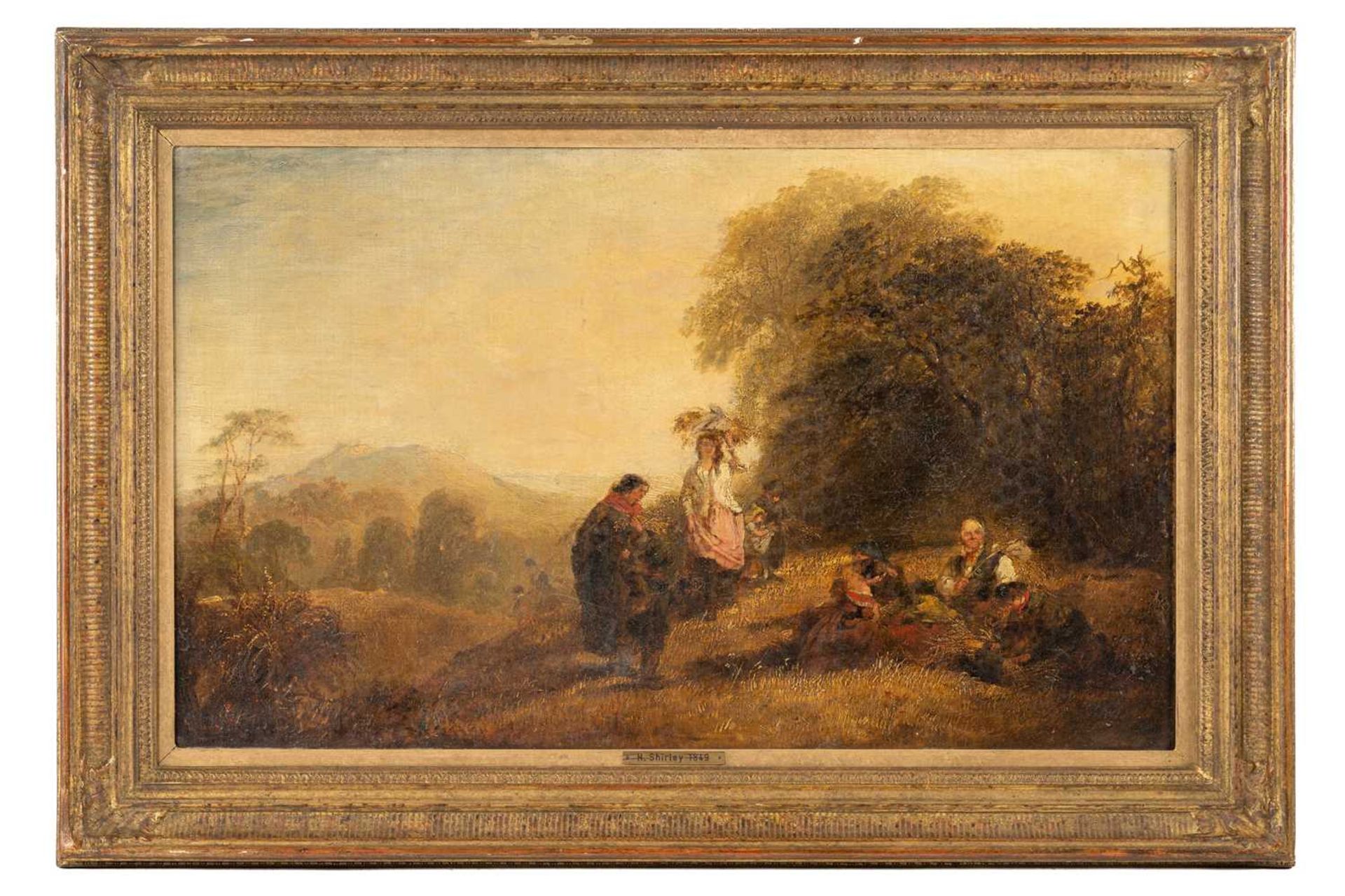 Henry Shirley (fl.1836 - 1870), Figures resting from the harvest with a landscape beyond, signed,