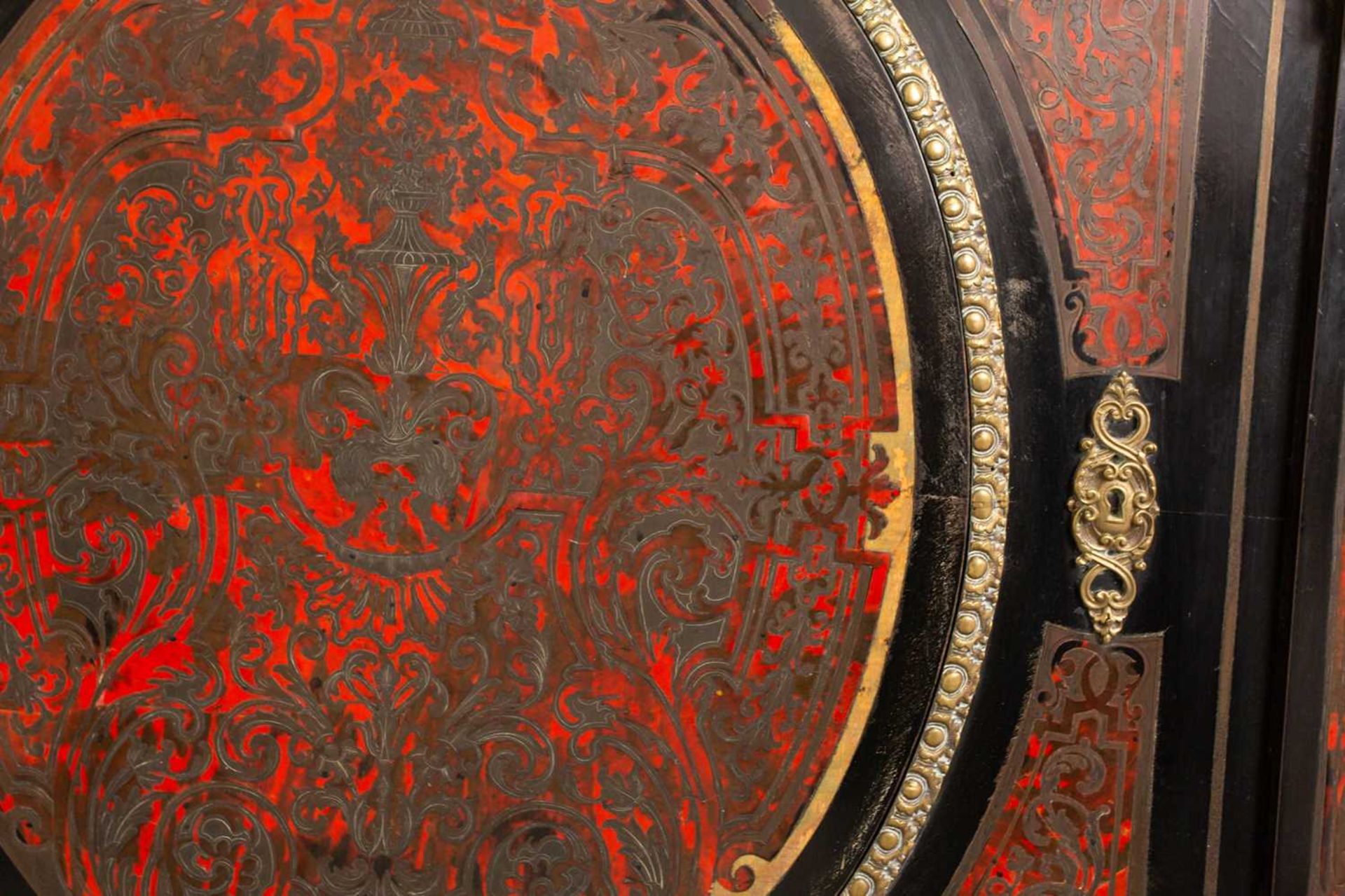 A Napoleon III marble topped ebonised and red Boule inlaid breakfront credenza, late 19th century, - Image 9 of 11