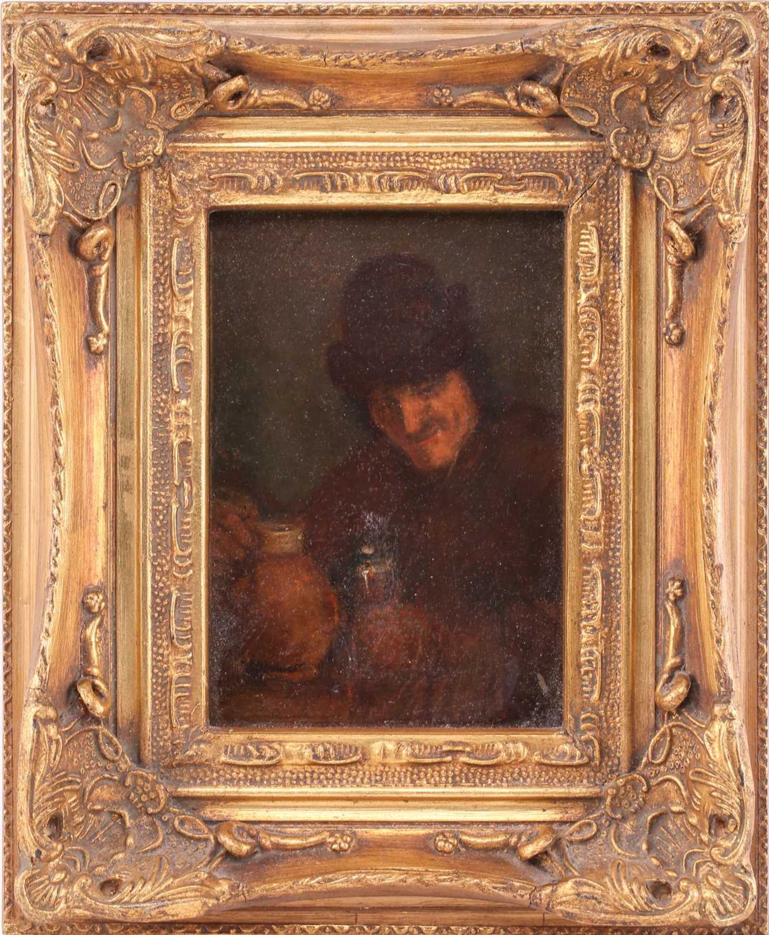19th century continental school, a Flemish peasant regaling, oil on oak panel, ink inscribed label - Image 2 of 8