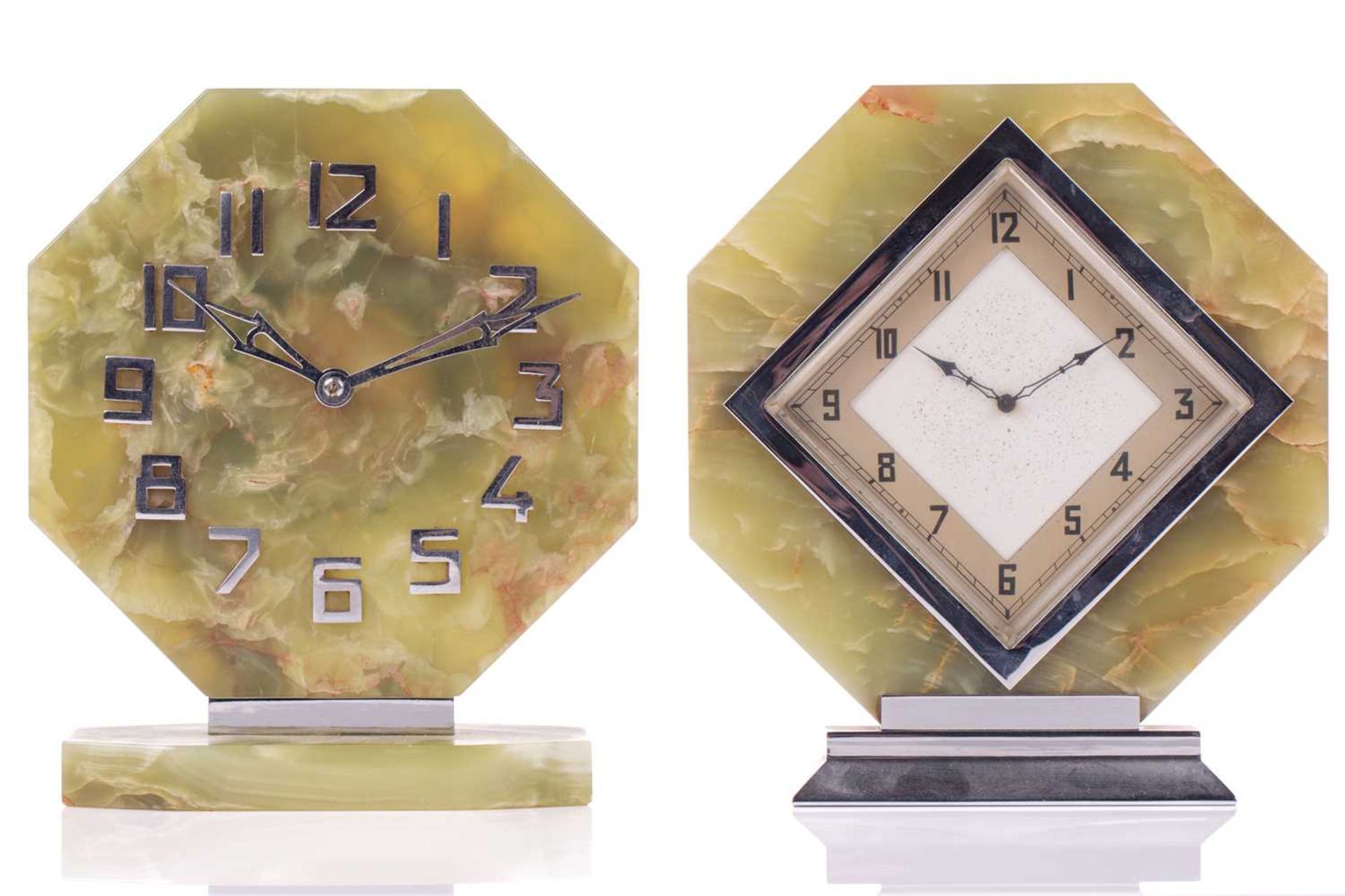 An Art Deco Smith of Enfield Austrian green onyx mantle clock, early 20th century, the solid